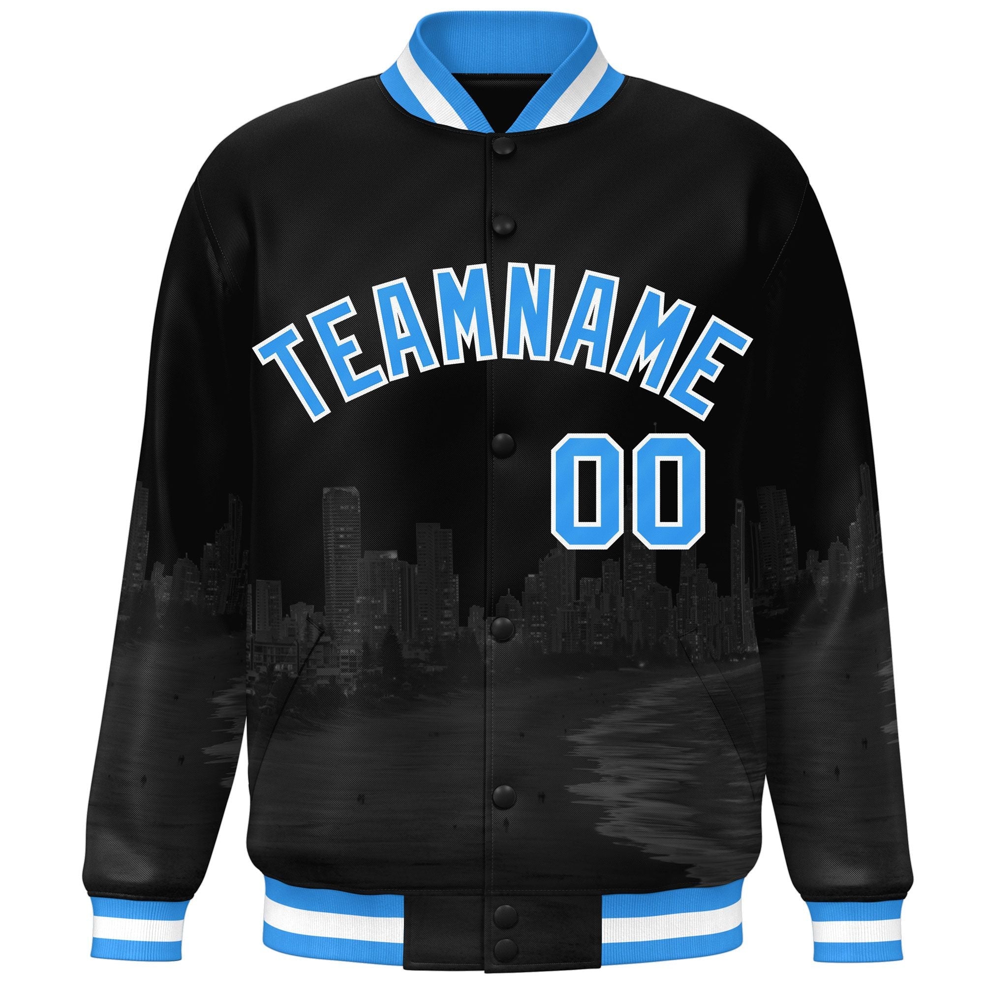 Custom Black Powder Blue-White Miami City Connect Track Varsity Full-Snap Jacket