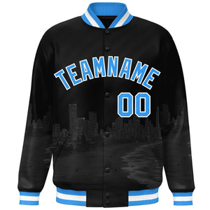 Custom Black Powder Blue-White Miami City Connect Track Varsity Full-Snap Jacket