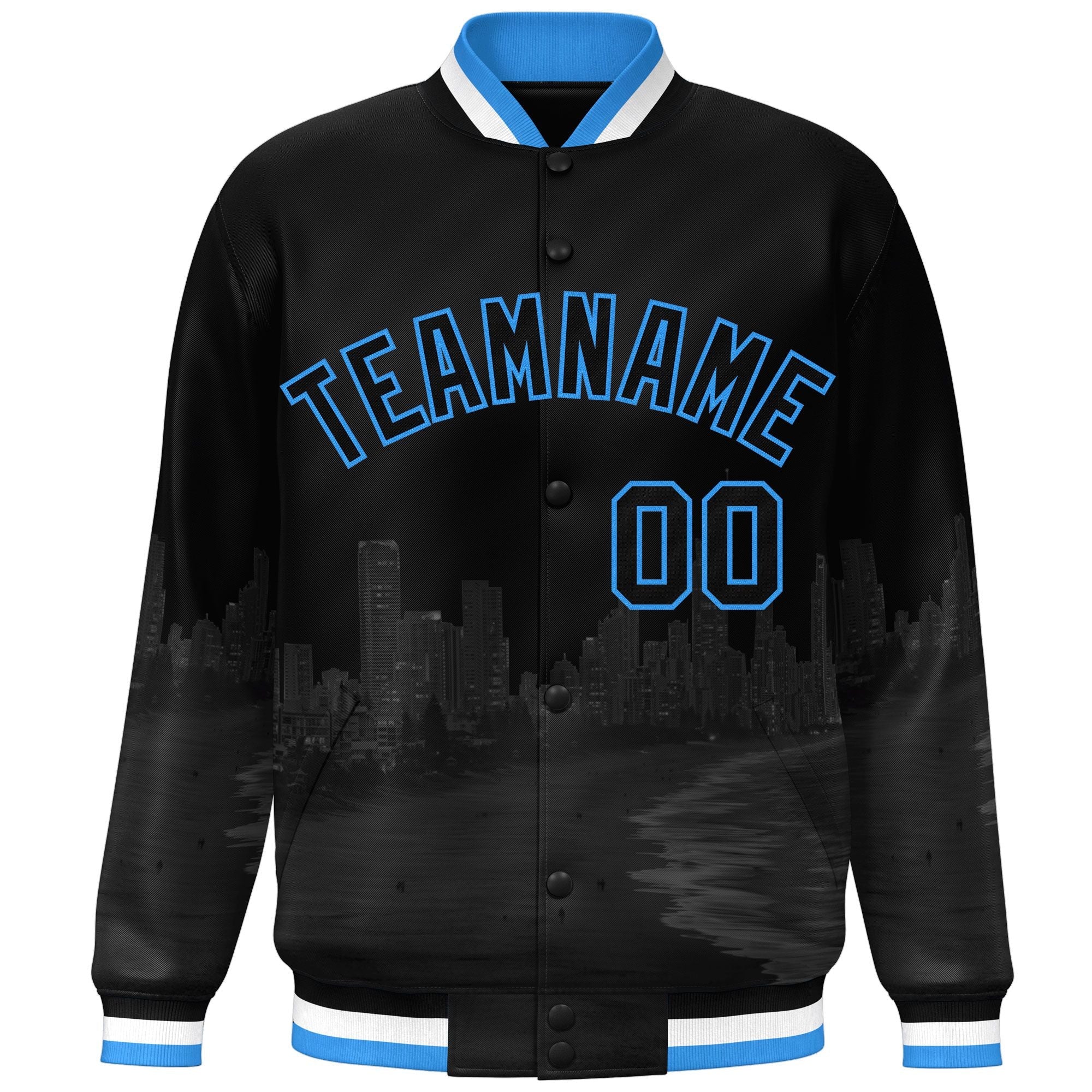 Custom Black Powder Blue Miami City Connect Track Varsity Full-Snap Jacket