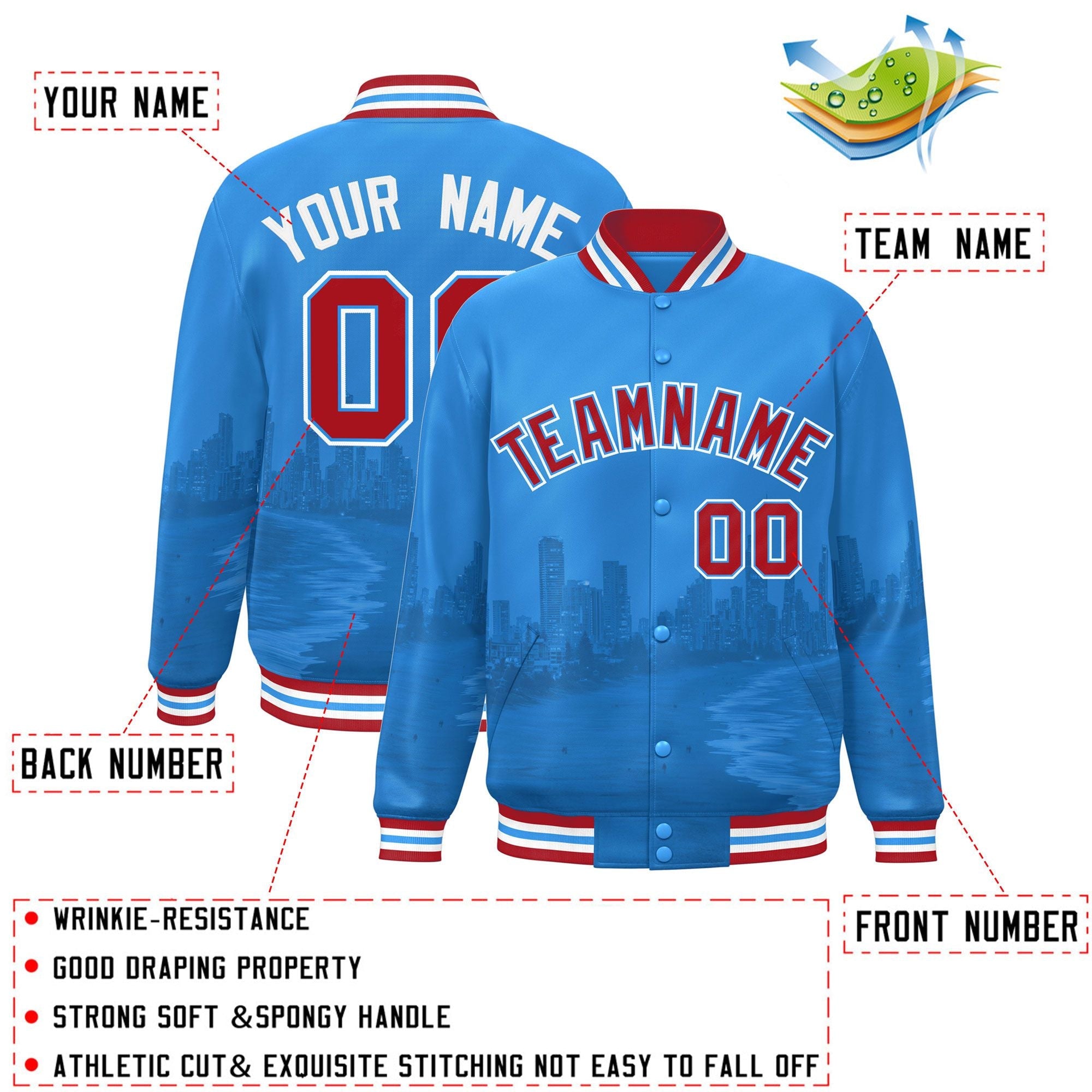 Custom Powder Blue Red-White Miami City Connect Track Varsity Full-Snap Jacket