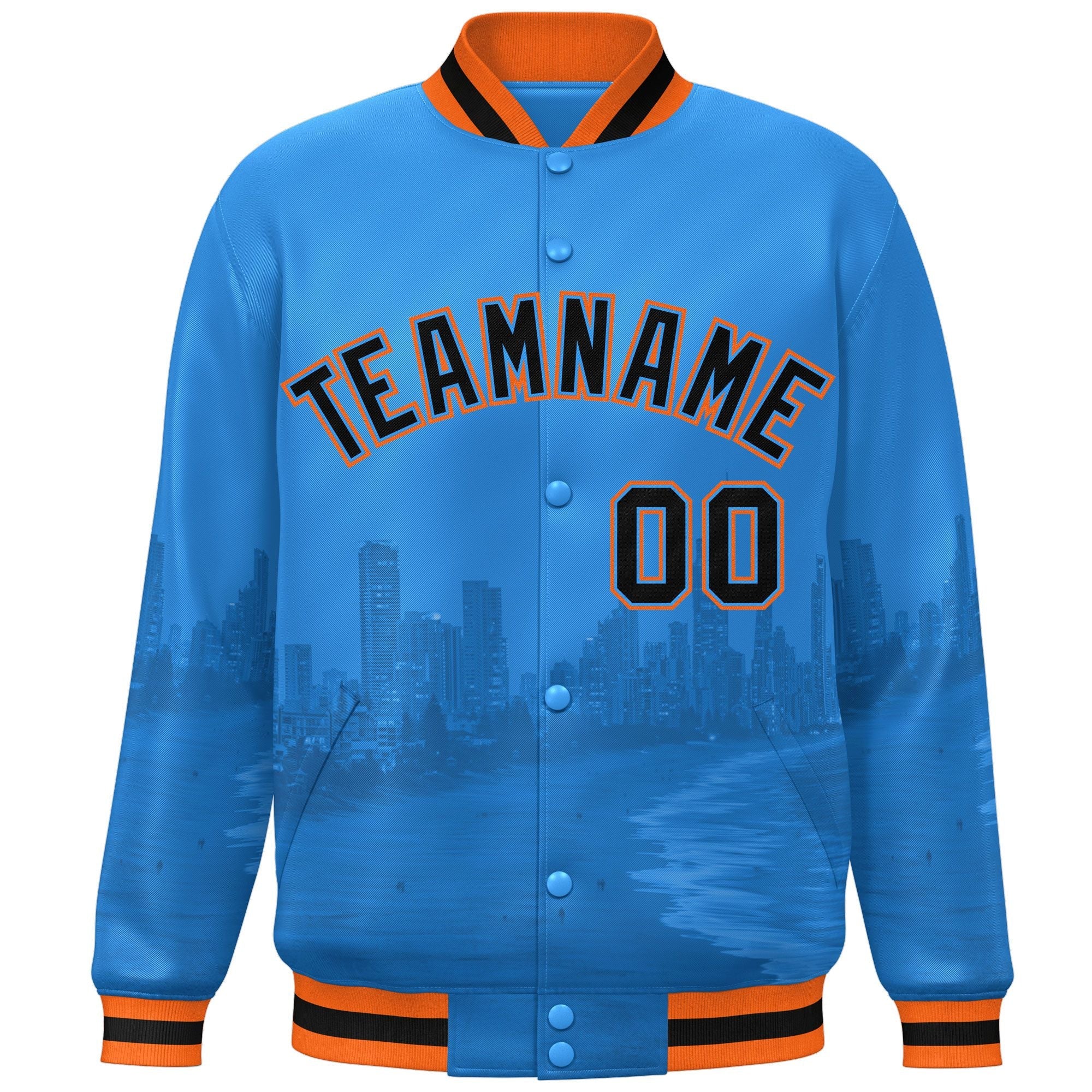 Custom Powder Blue Black-Orange Miami City Connect Track Varsity Full-Snap Jacket