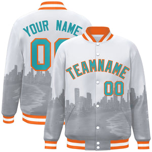 Custom White Aqua-Orange Miami City Connect Track Varsity Full-Snap Jacket