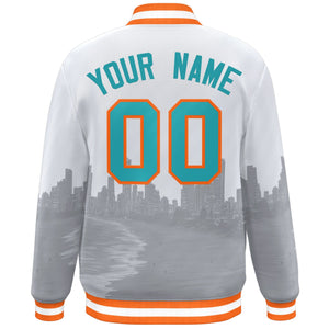 Custom White Aqua-Orange Miami City Connect Track Varsity Full-Snap Jacket