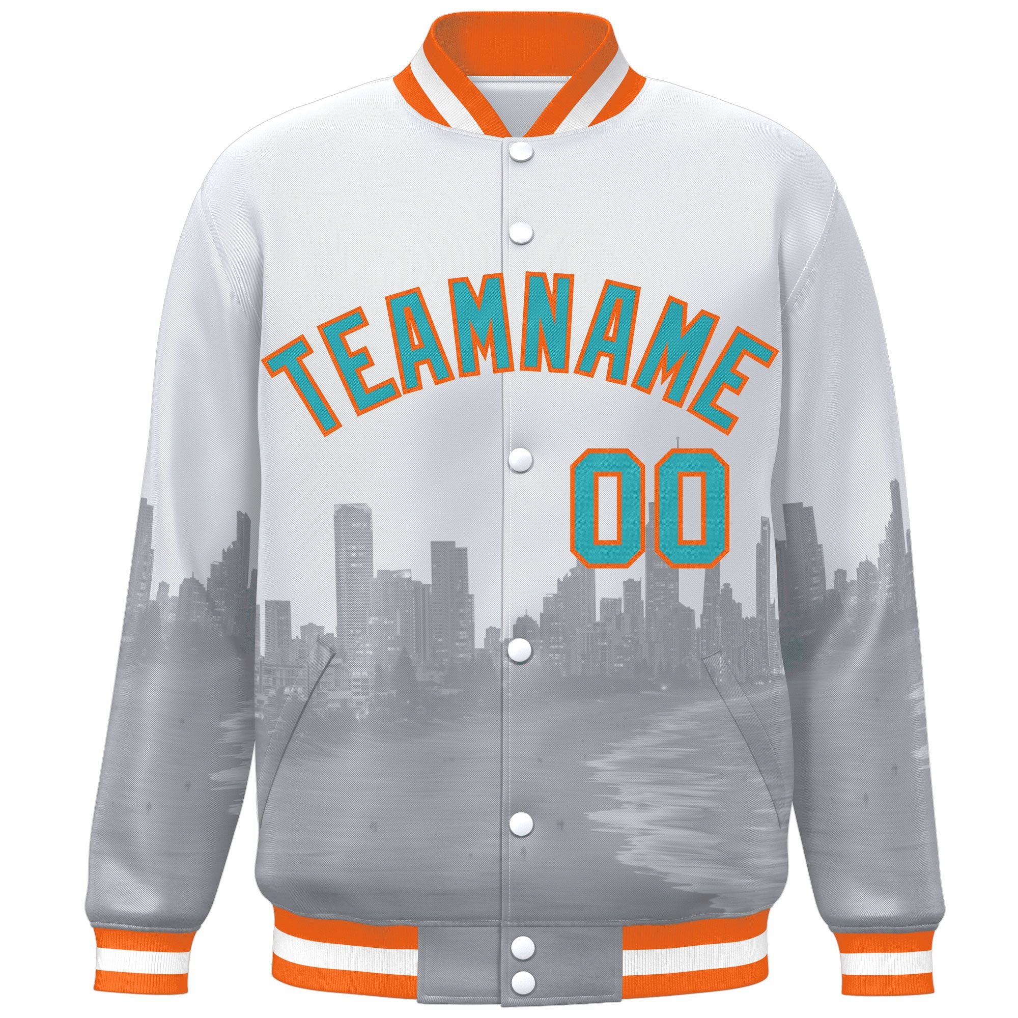 Custom White Aqua-Orange Miami City Connect Track Varsity Full-Snap Jacket