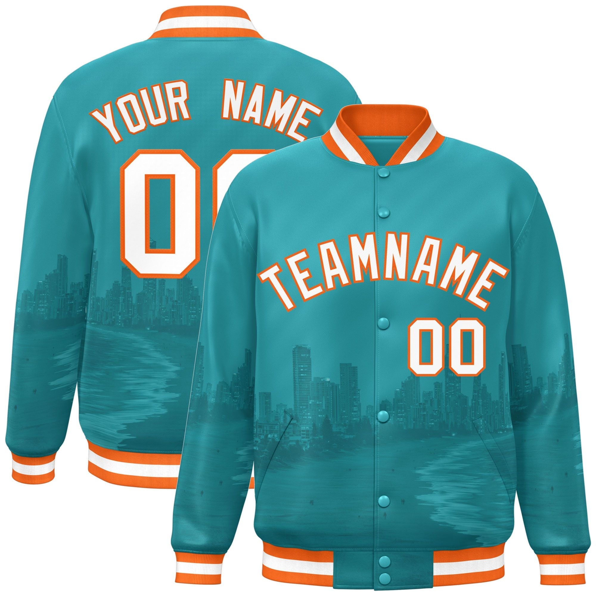 Custom Aqua White-Orange Miami City Connect Track Varsity Full-Snap Jacket