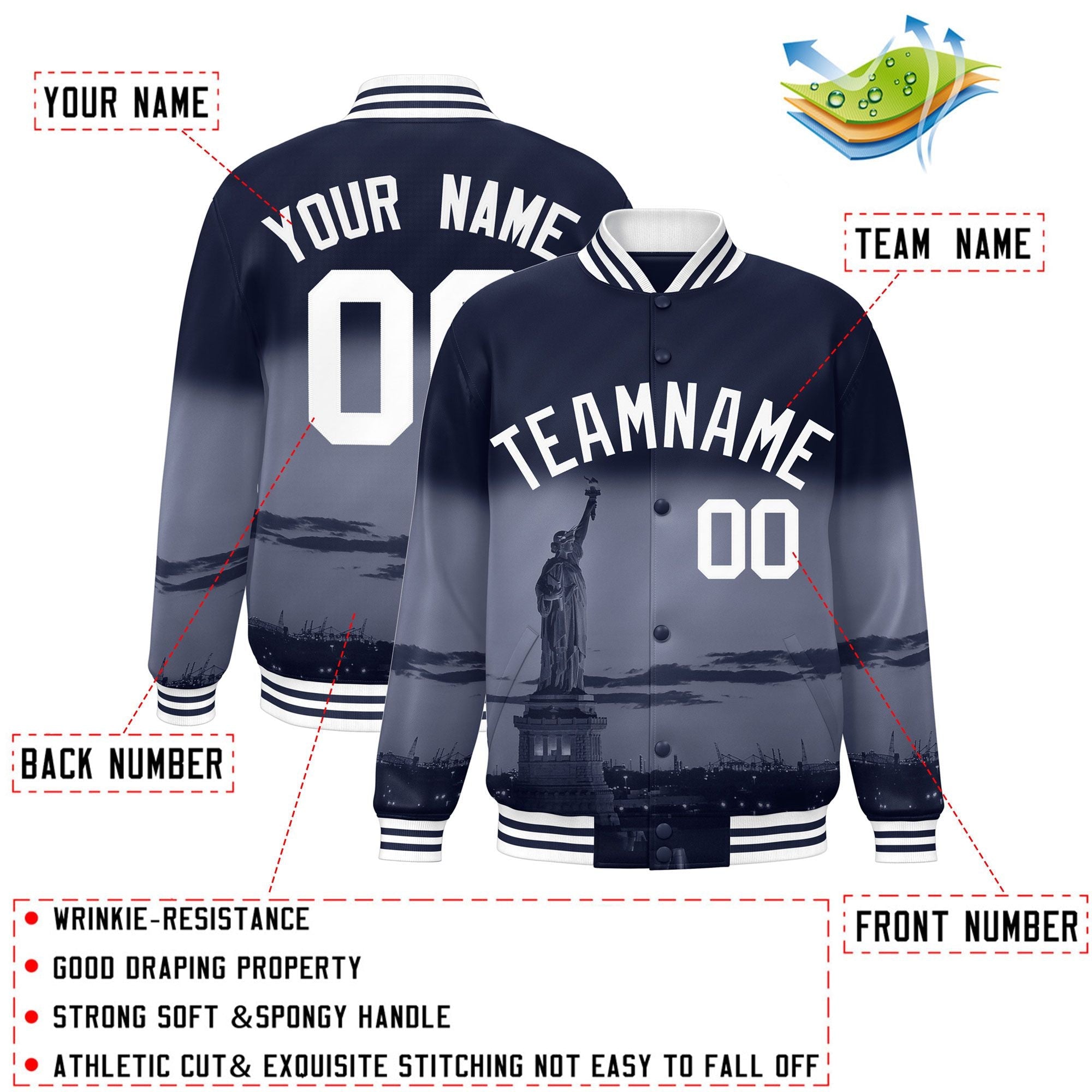 Custom Navy White New York City Connect Track Varsity Full-Snap Jacket