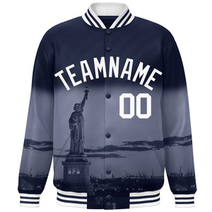 Custom Navy White New York City Connect Track Varsity Full-Snap Jacket