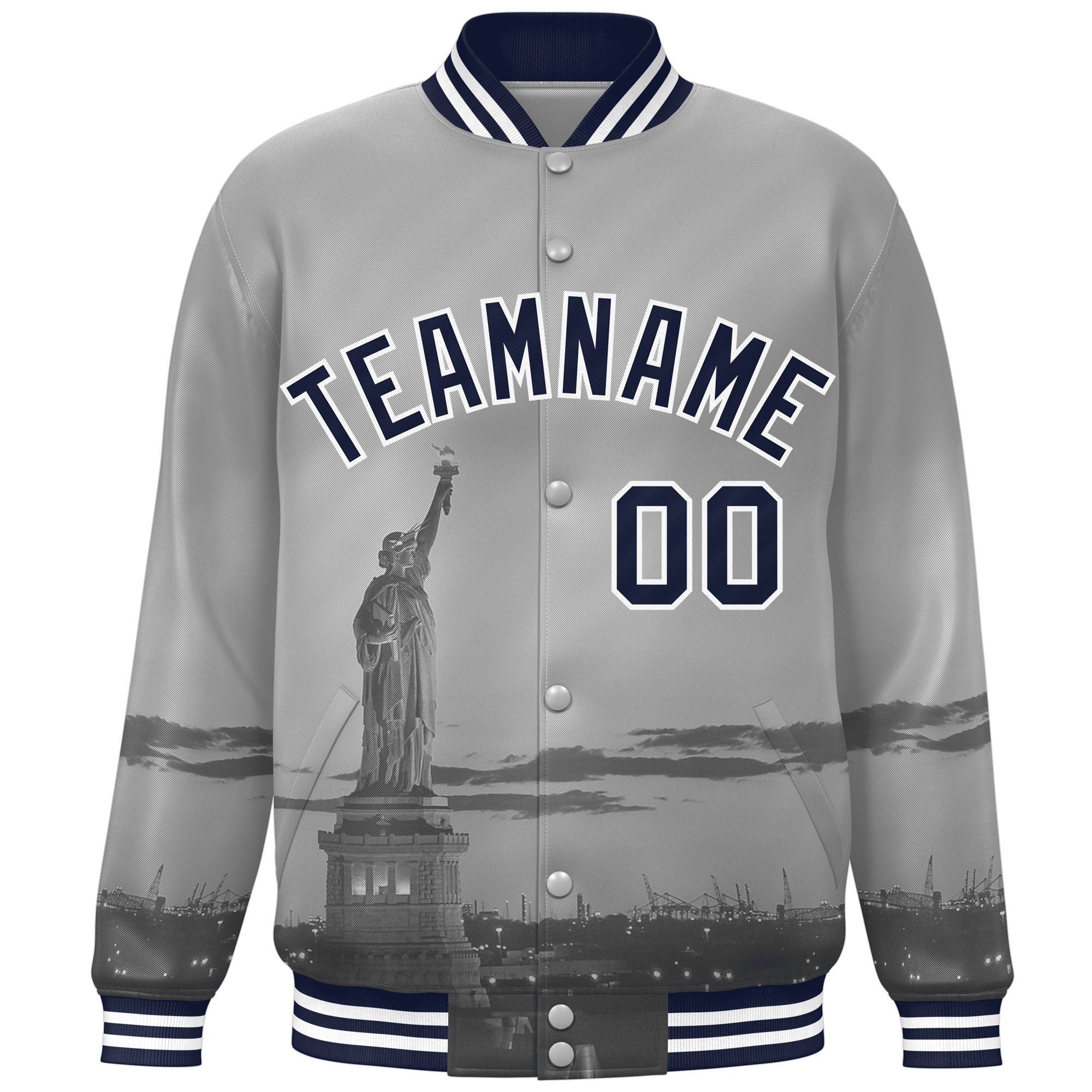 Custom Gray Navy-White New York City Connect Track Varsity Full-Snap Jacket