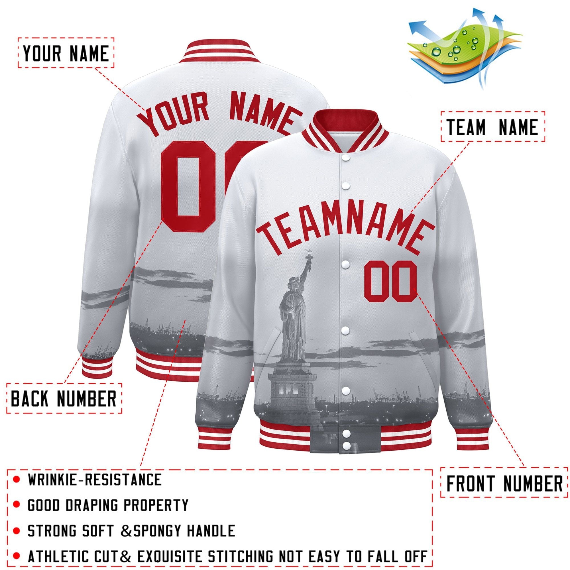 Custom White Red New York City Connect Track Varsity Full-Snap Jacket