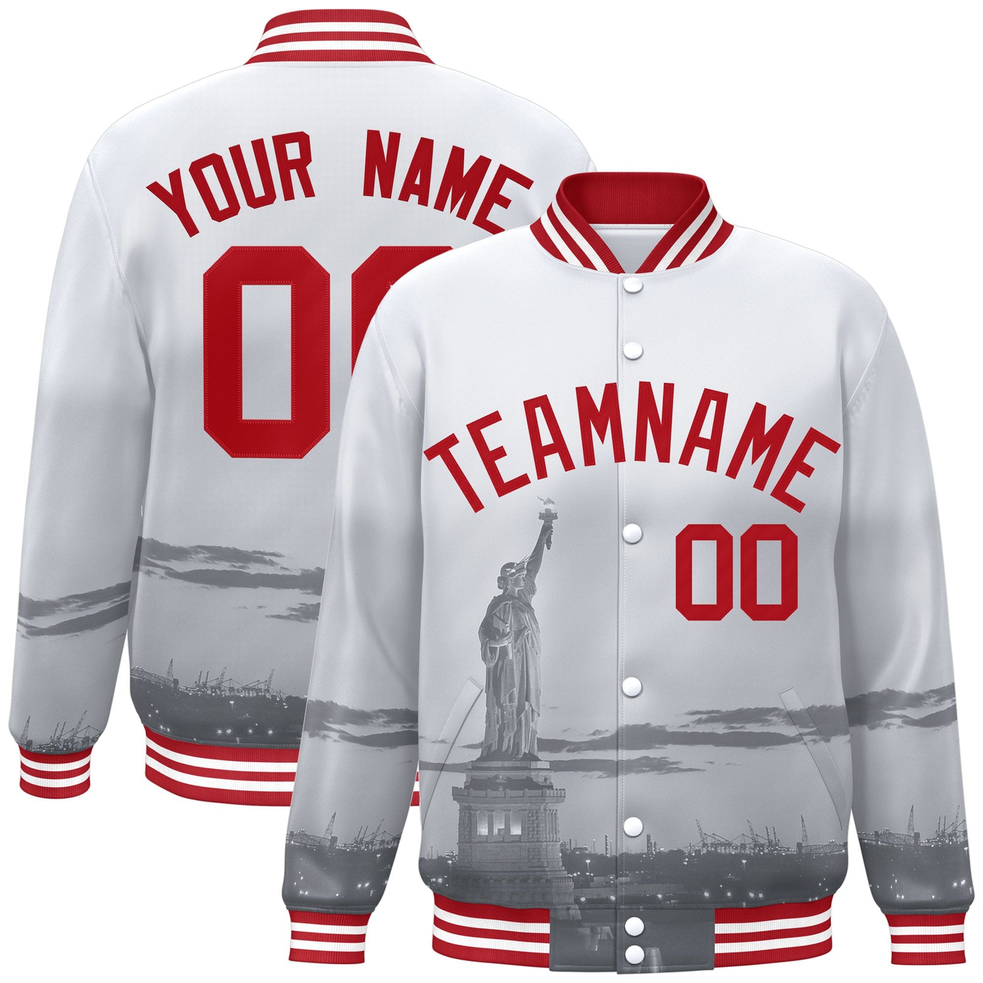 Custom White Red New York City Connect Track Varsity Full-Snap Jacket