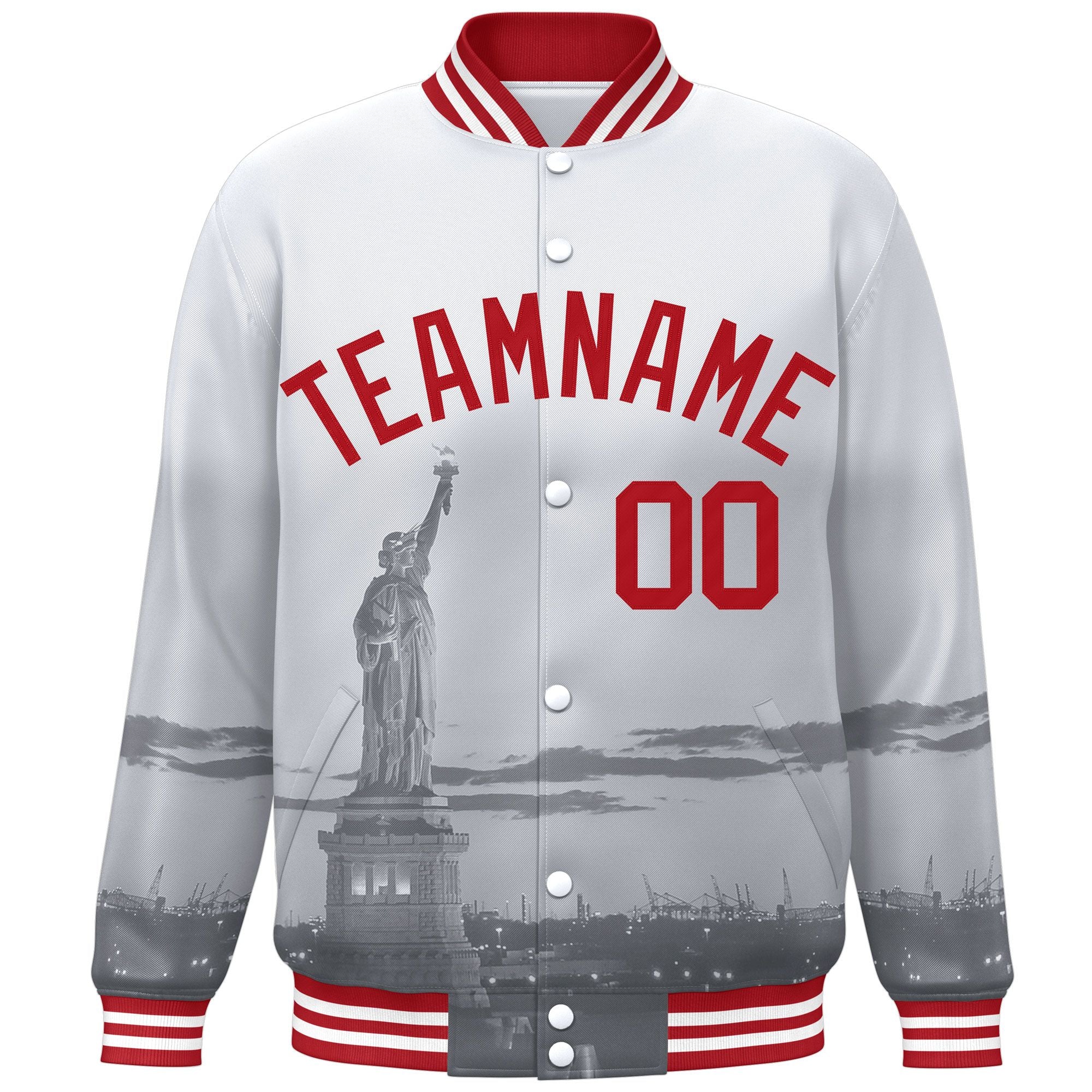 Custom White Red New York City Connect Track Varsity Full-Snap Jacket