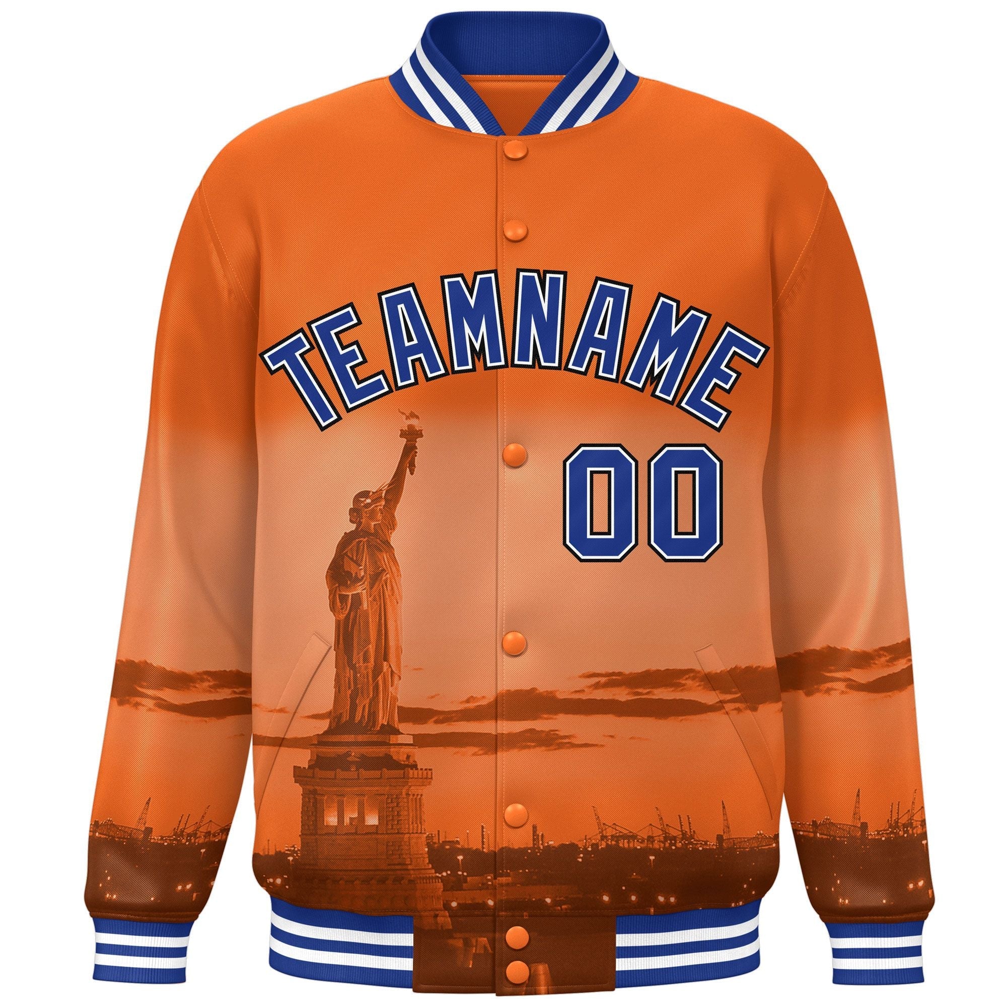 Custom Orange Royal-Black New York City Connect Track Varsity Full-Snap Jacket