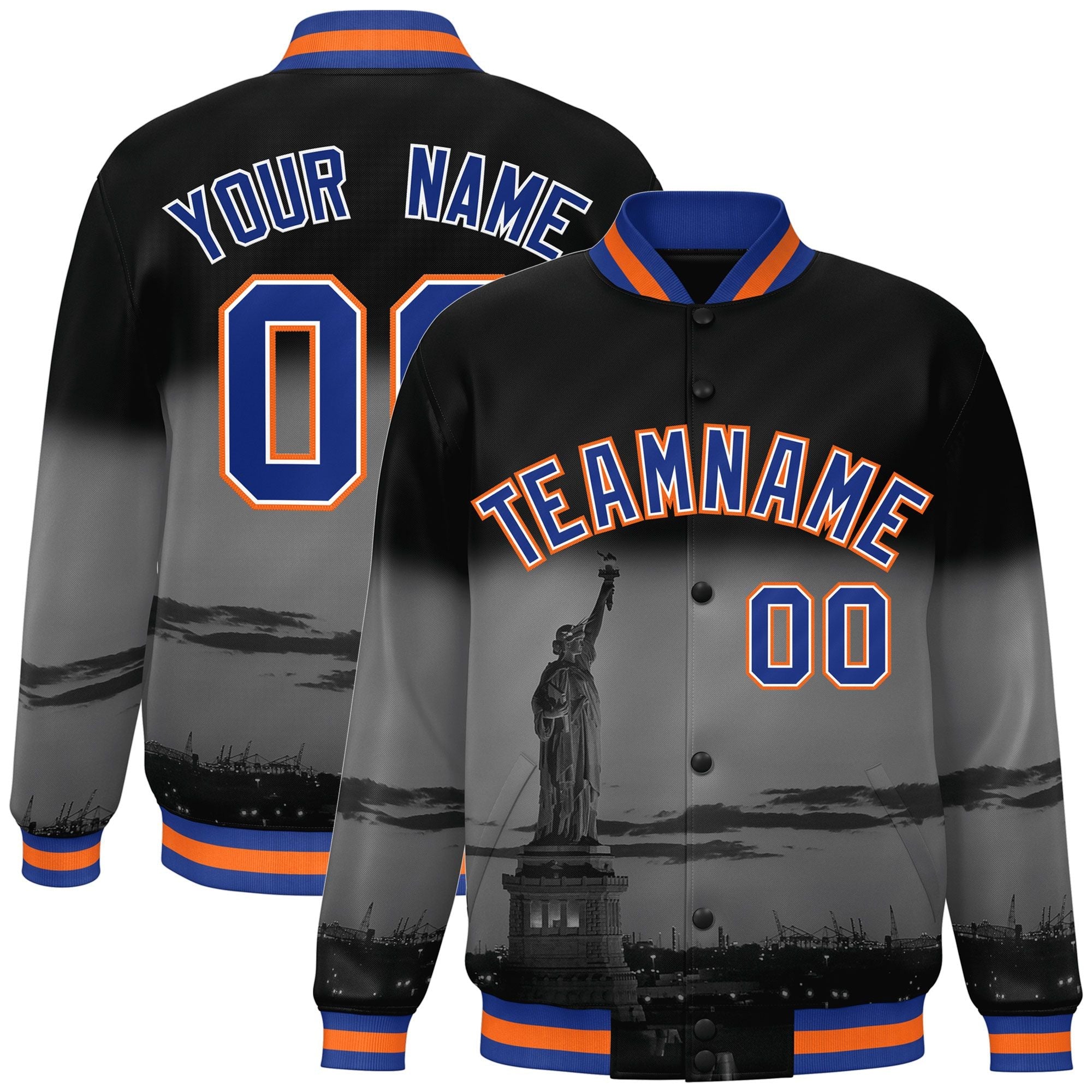 Custom Black Royal-Orange New York City Connect Track Varsity Full-Snap Jacket