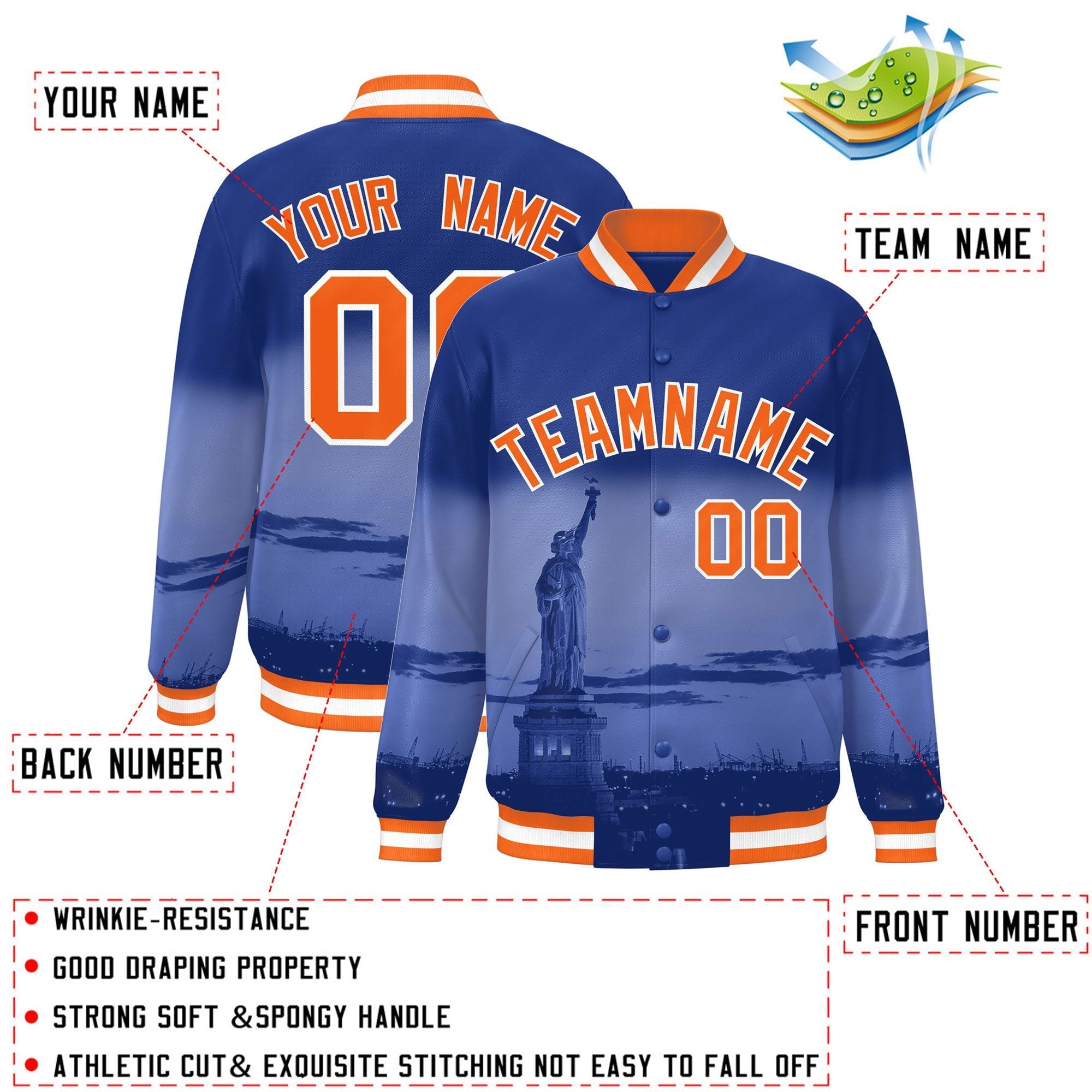 Custom Royal Orange-White New York City Connect Track Varsity Full-Snap Jacket