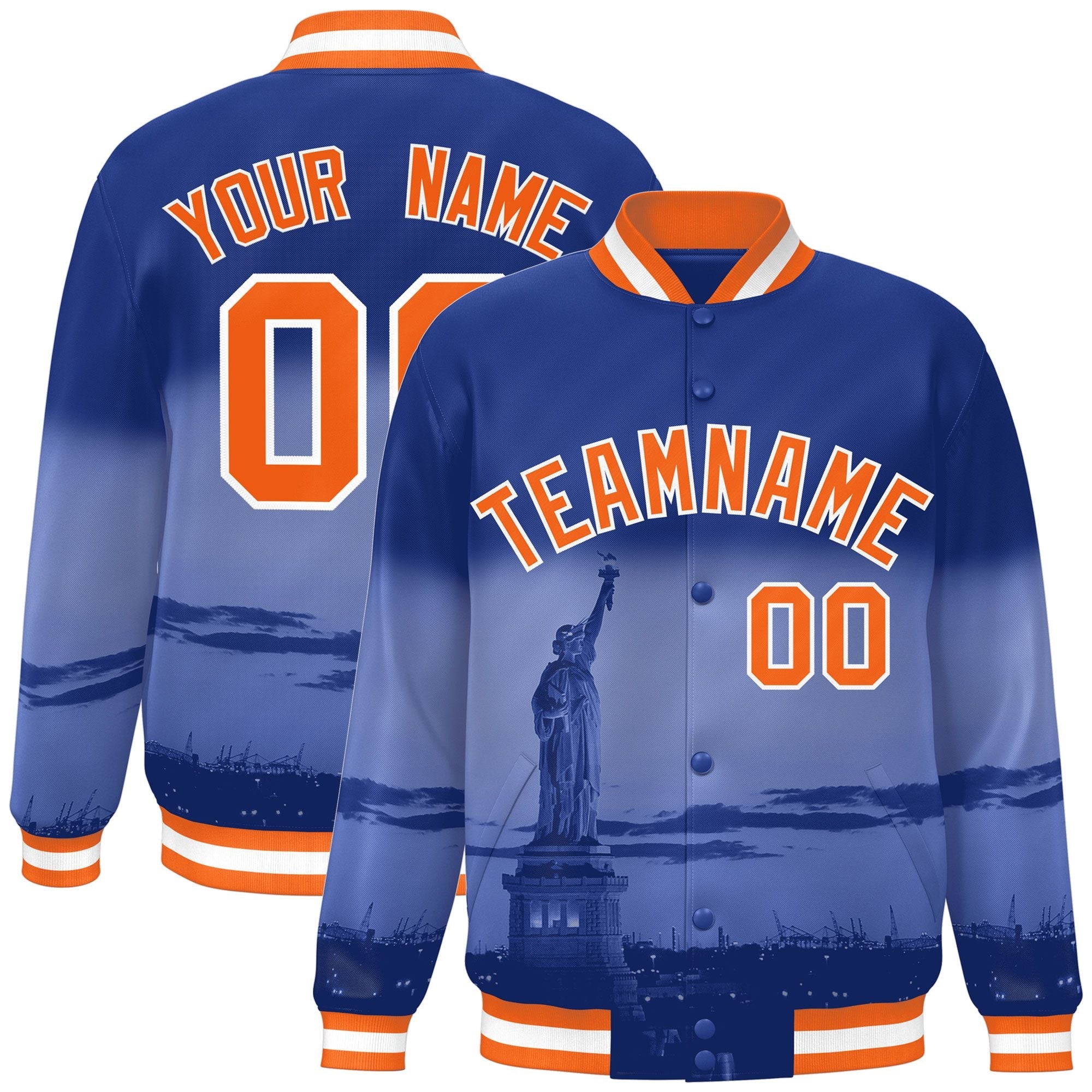 Custom Royal Orange-White New York City Connect Track Varsity Full-Snap Jacket