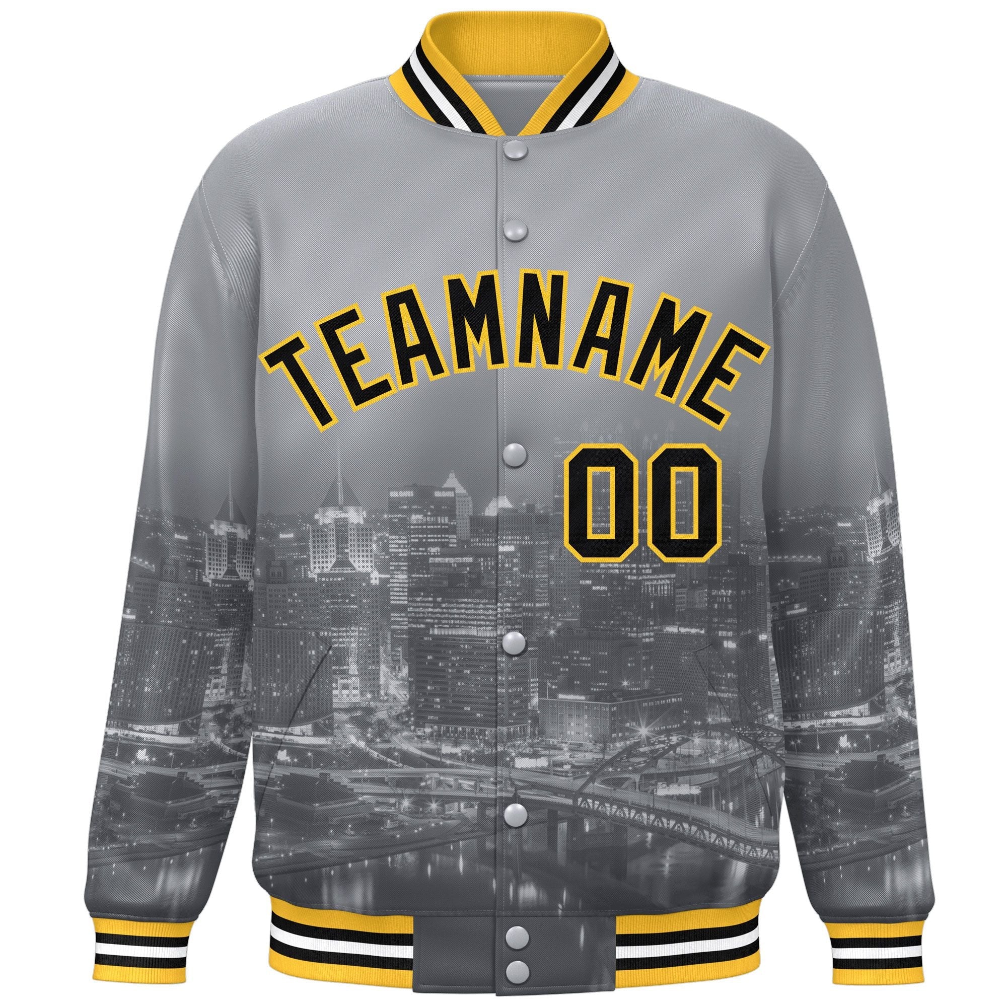 Custom Gray Black-Gold Pittsburgh City Connect Track Varsity Full-Snap Jacket