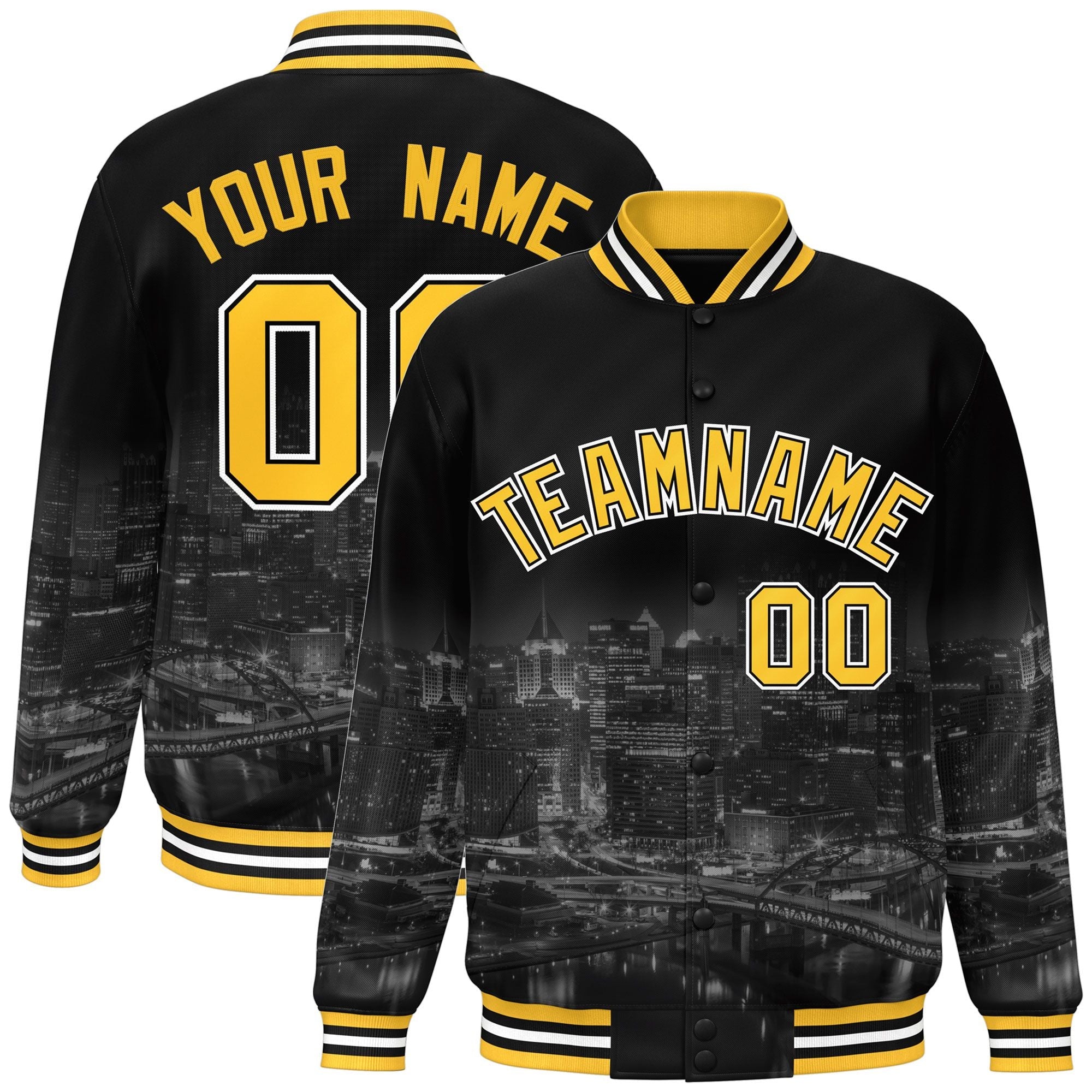 Custom Black Gold-White Pittsburgh City Connect Track Varsity Full-Snap Jacket