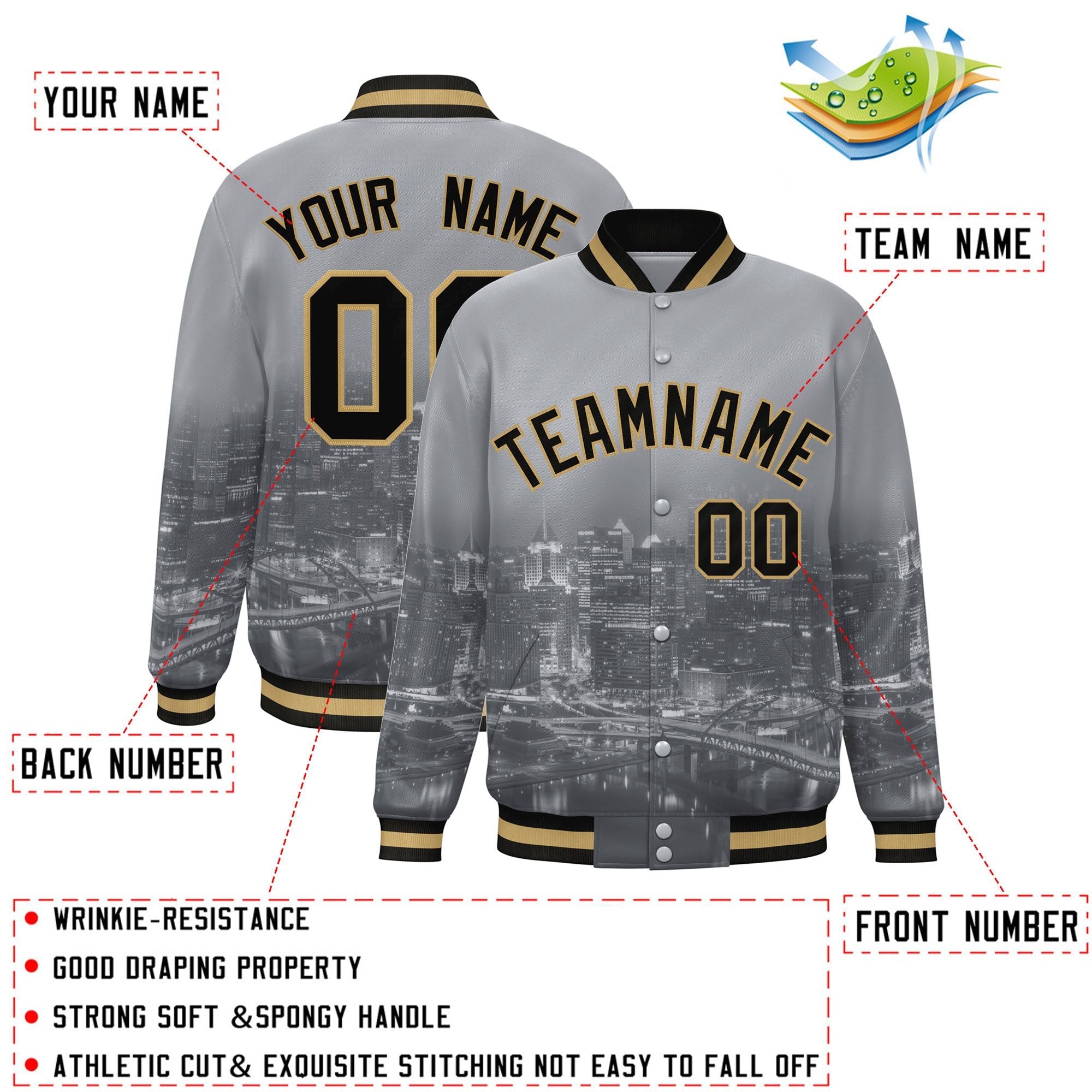 Custom Gray Black-Old Gold Pittsburgh City Connect Track Varsity Full-Snap Jacket