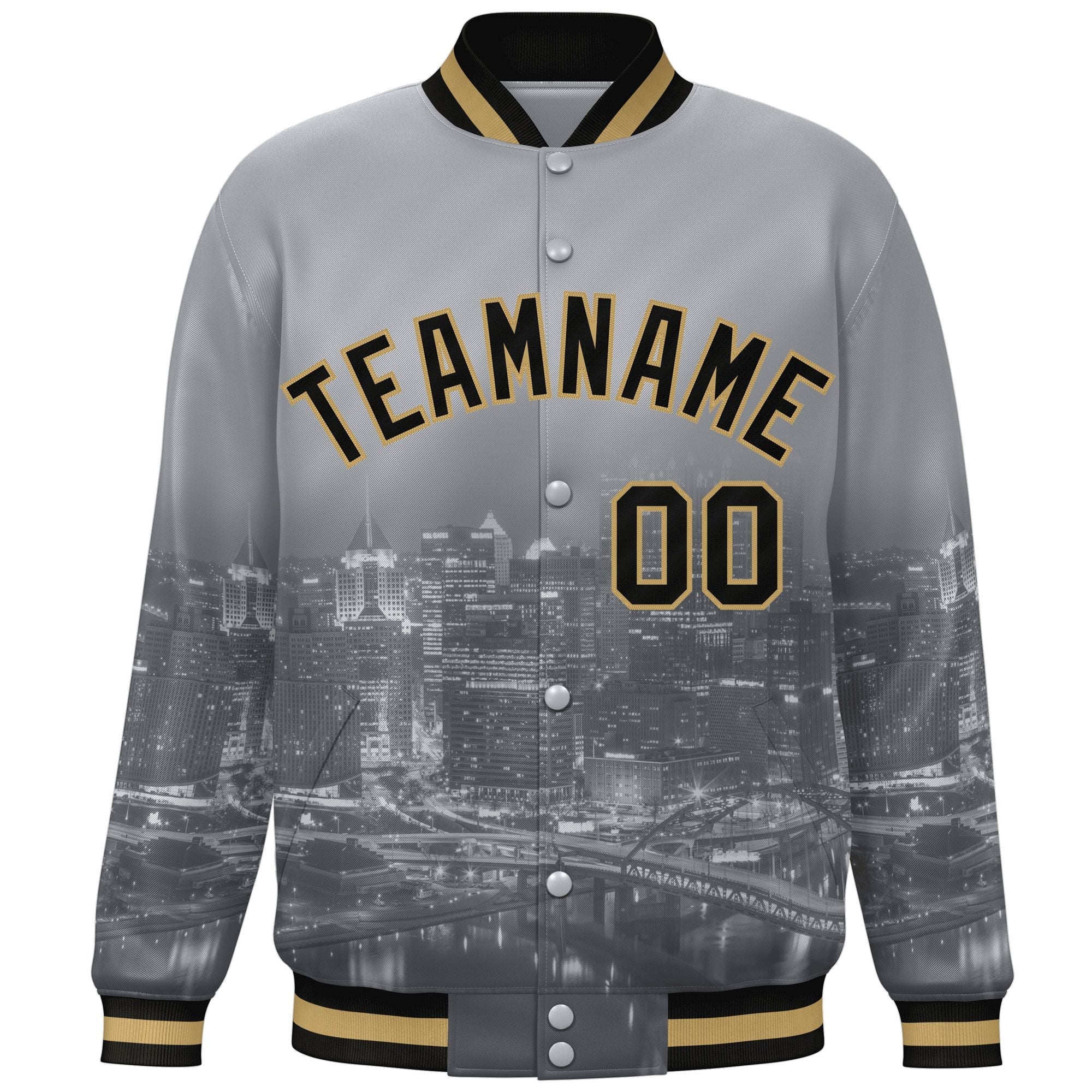 Custom Gray Black-Old Gold Pittsburgh City Connect Track Varsity Full-Snap Jacket