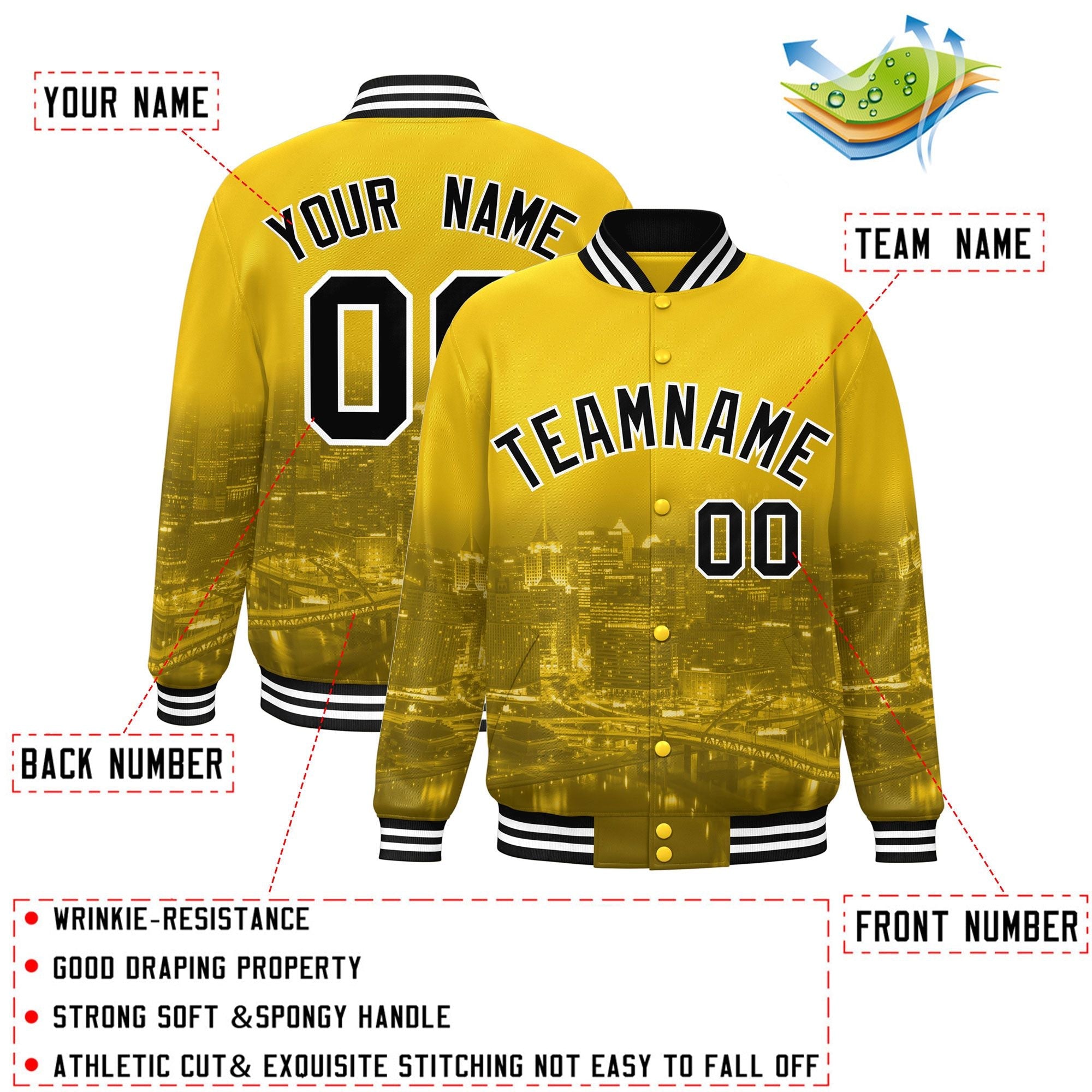 Custom Gold Black-White Pittsburgh City Connect Track Varsity Full-Snap Jacket