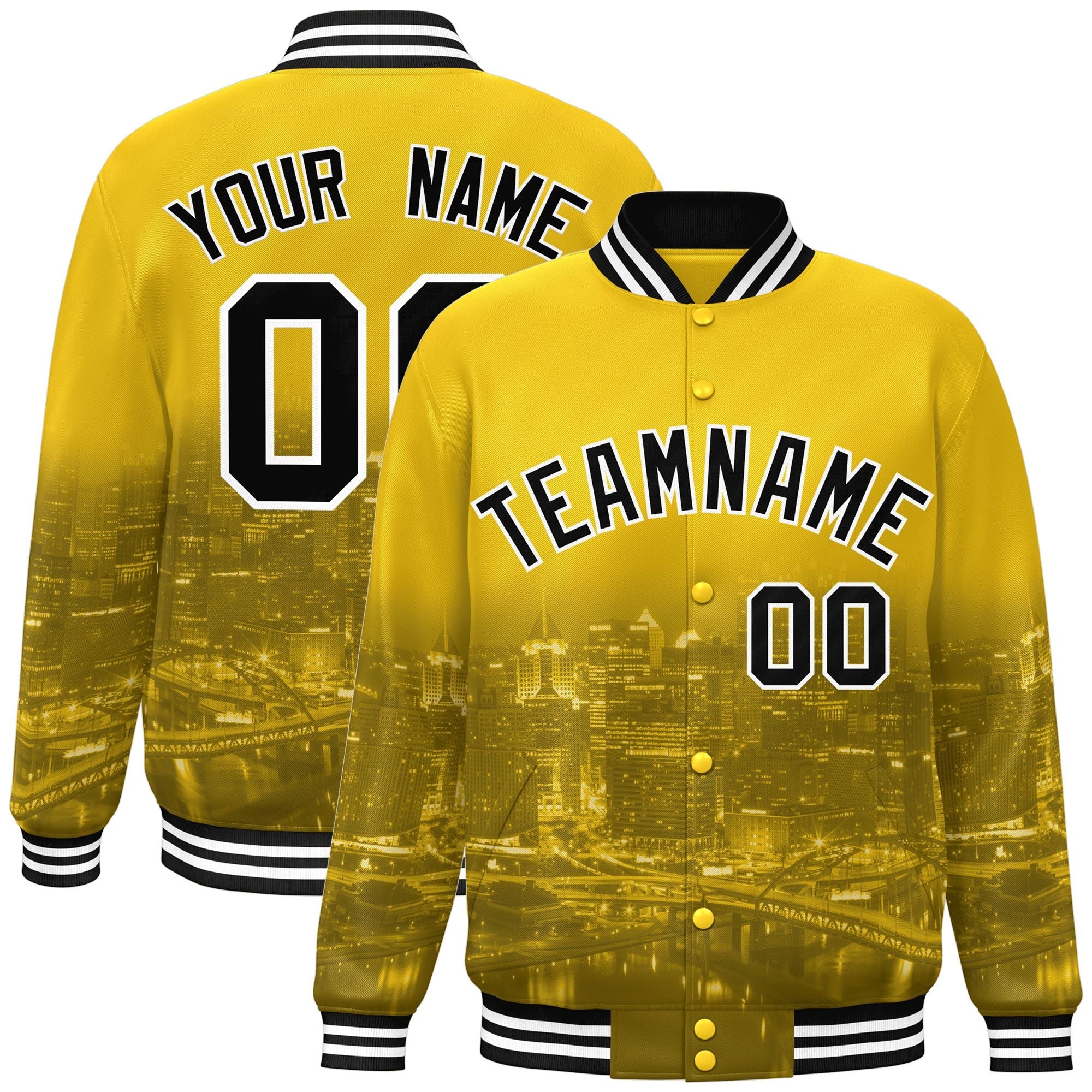 Custom Gold Black-White Pittsburgh City Connect Track Varsity Full-Snap Jacket