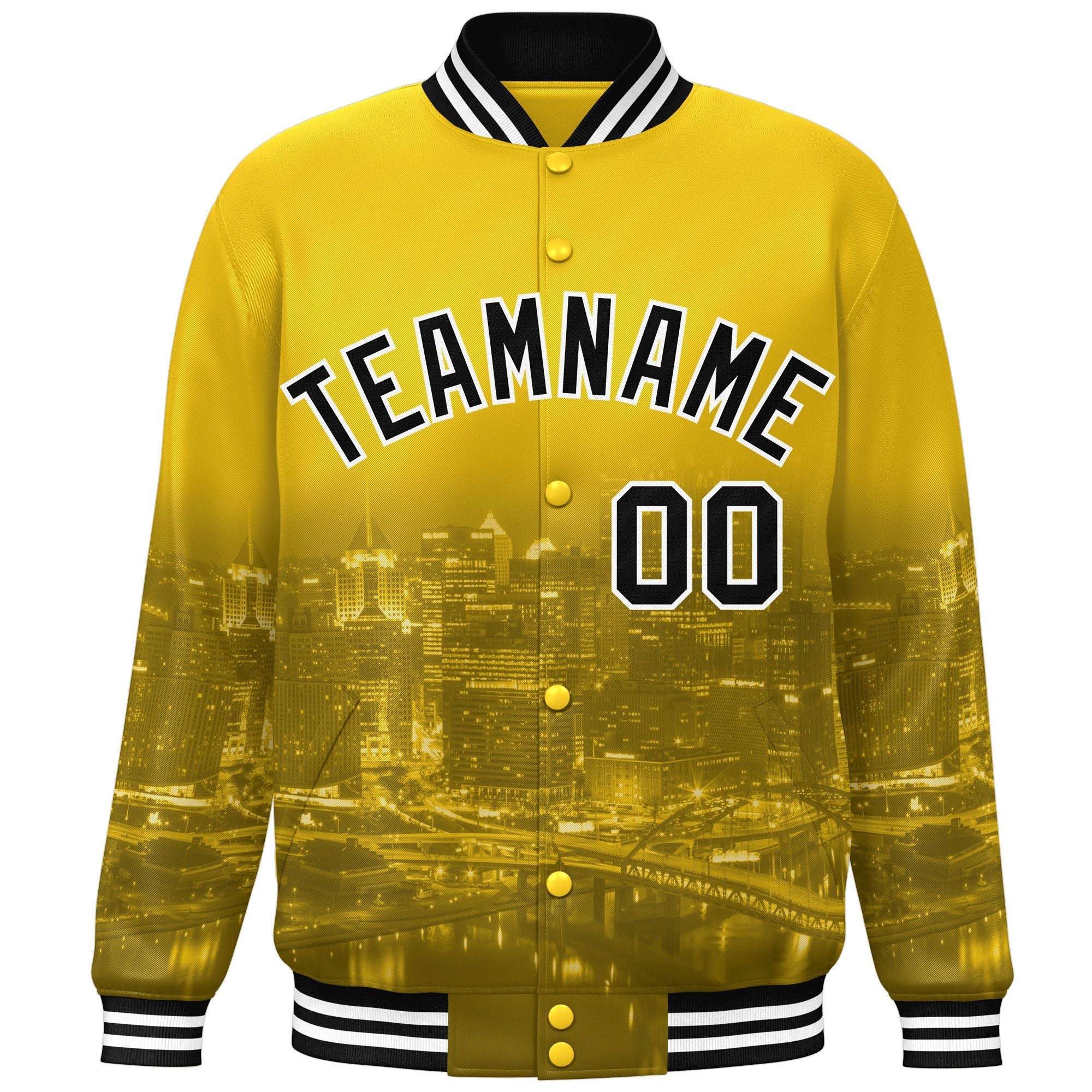 Custom Gold Black-White Pittsburgh City Connect Track Varsity Full-Snap Jacket