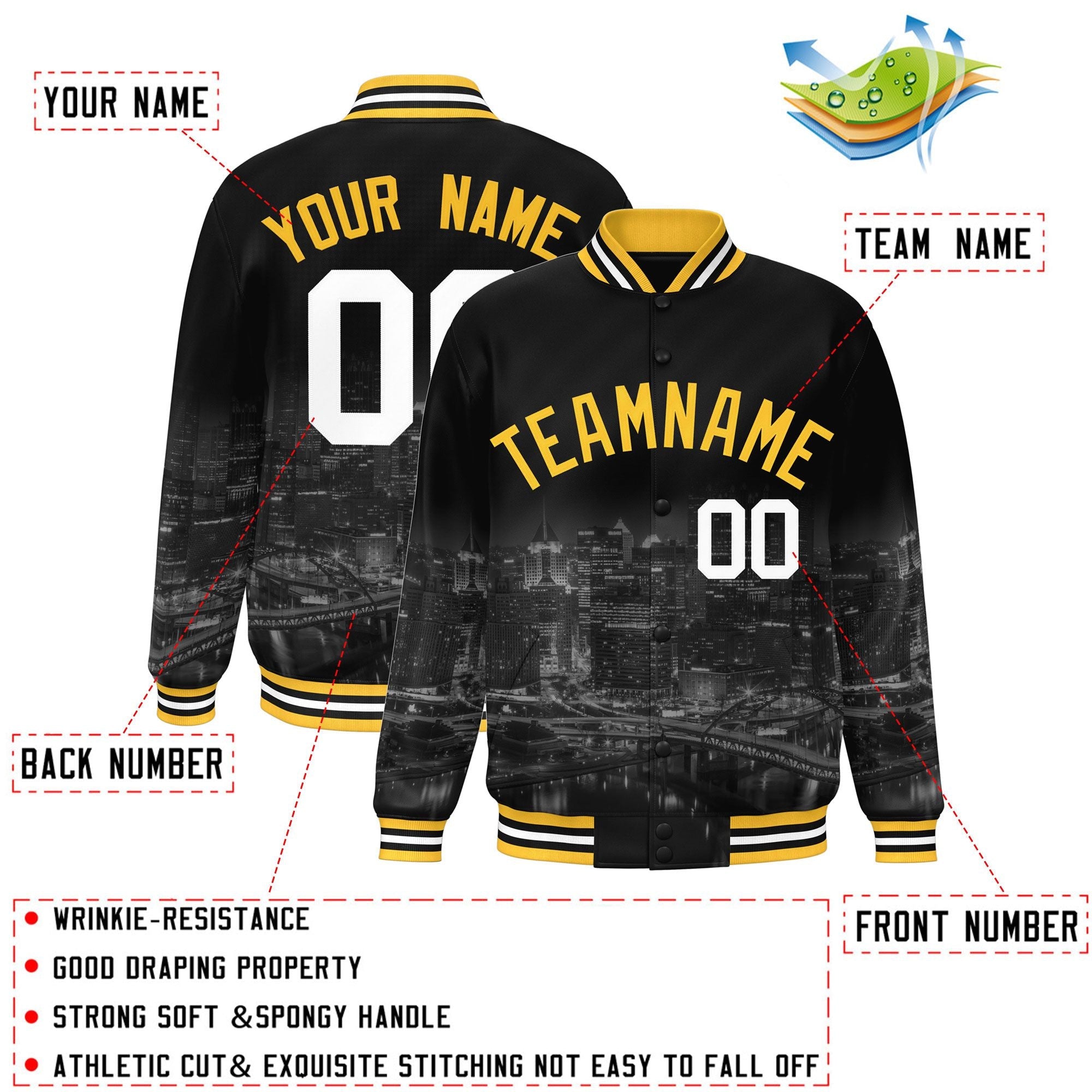 Custom Black Gold Pittsburgh City Connect Track Varsity Full-Snap Jacket