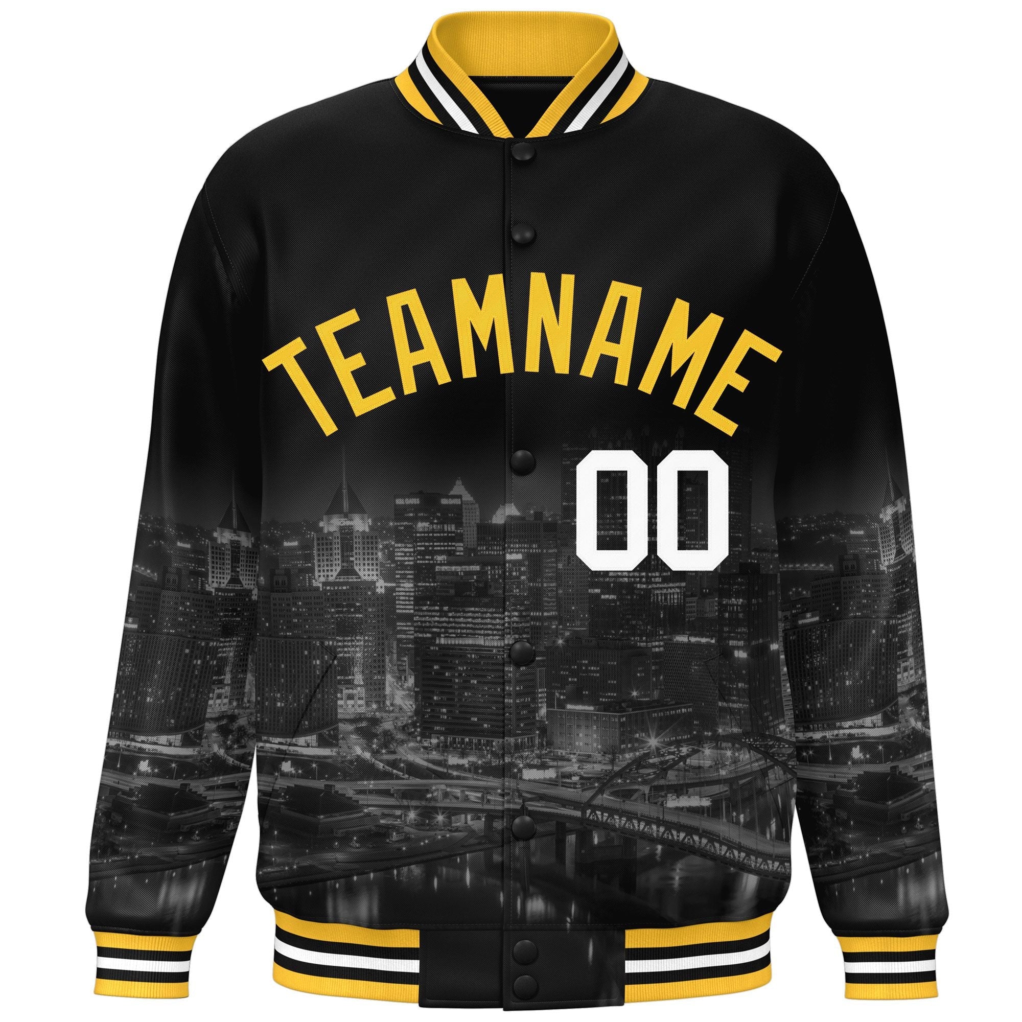 Custom Black Gold Pittsburgh City Connect Track Varsity Full-Snap Jacket