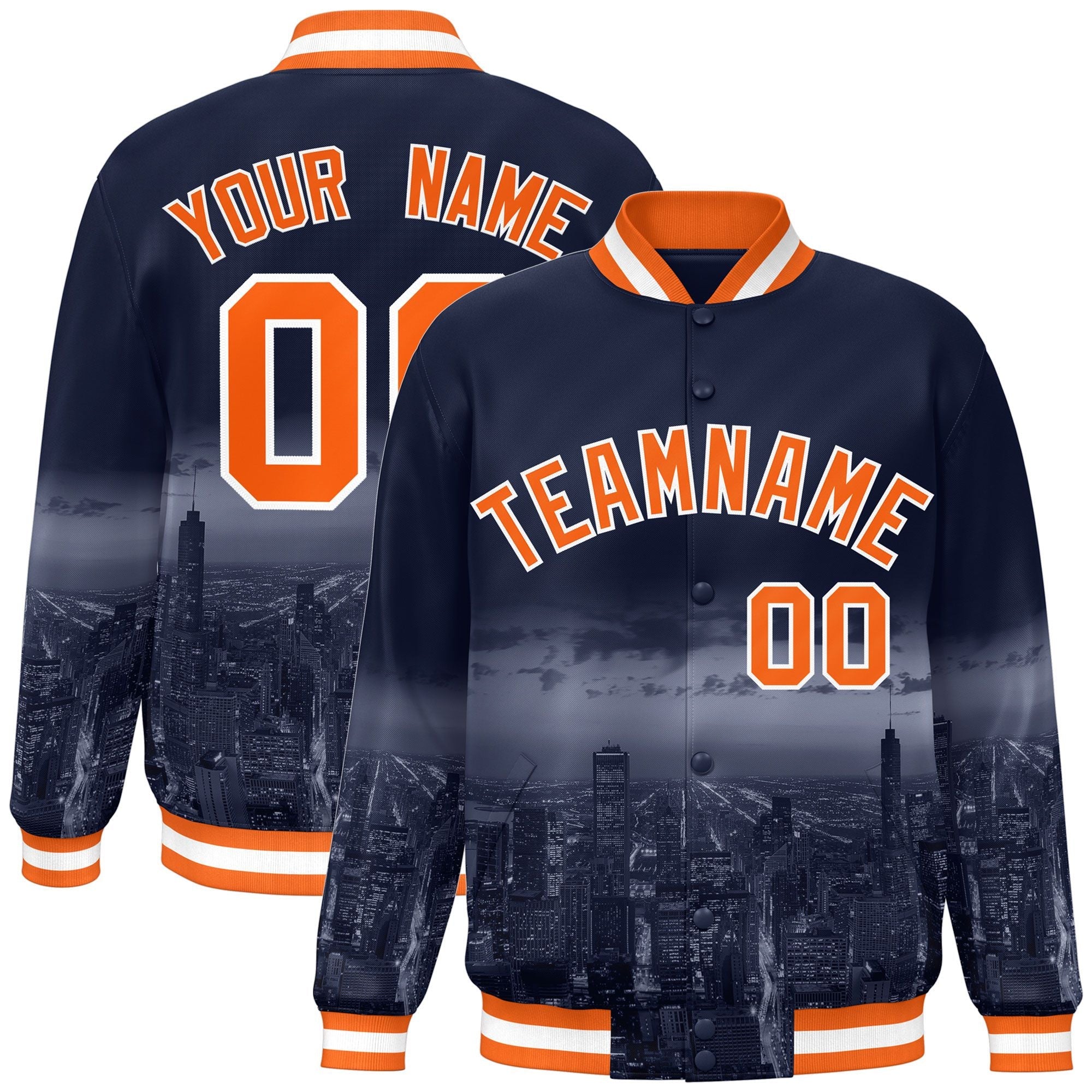 Custom Navy Orange-White Chicago City Connect Track Varsity Full-Snap Jacket