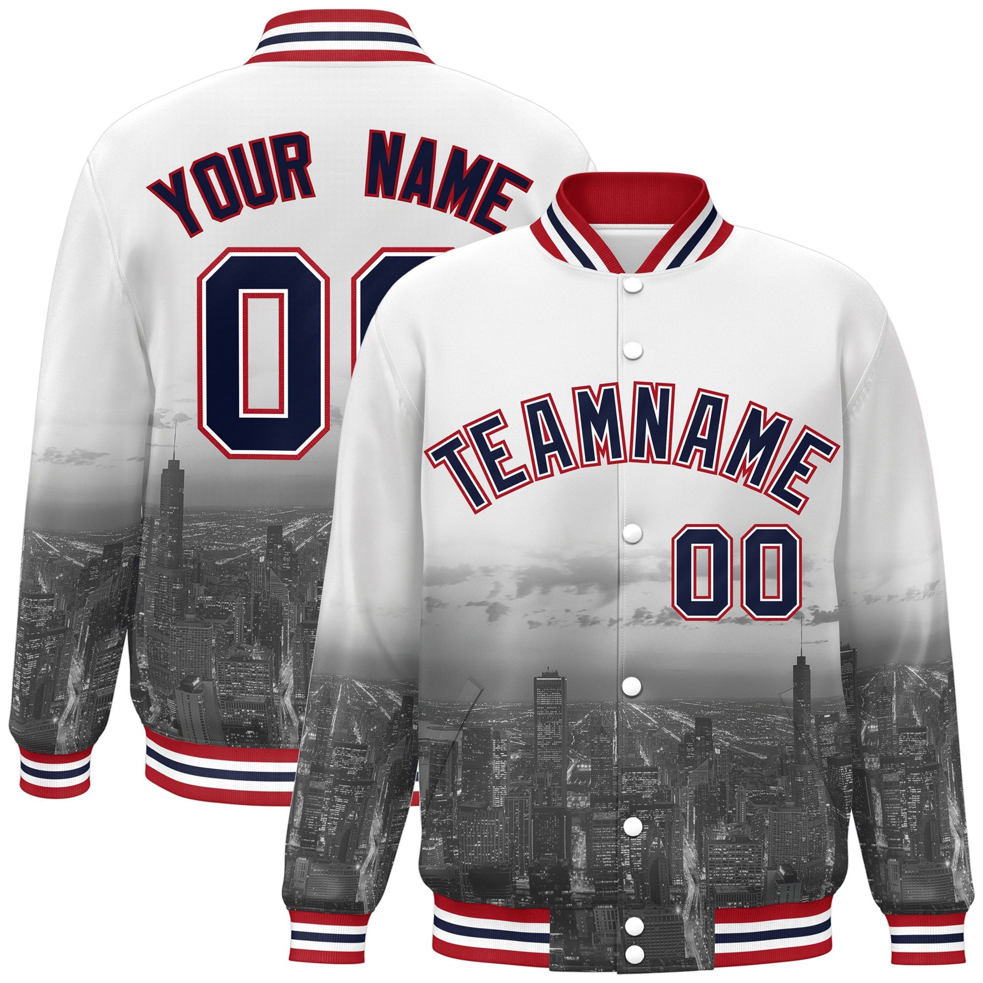 Custom White Navy-Red Chicago City Connect Track Varsity Full-Snap Jacket