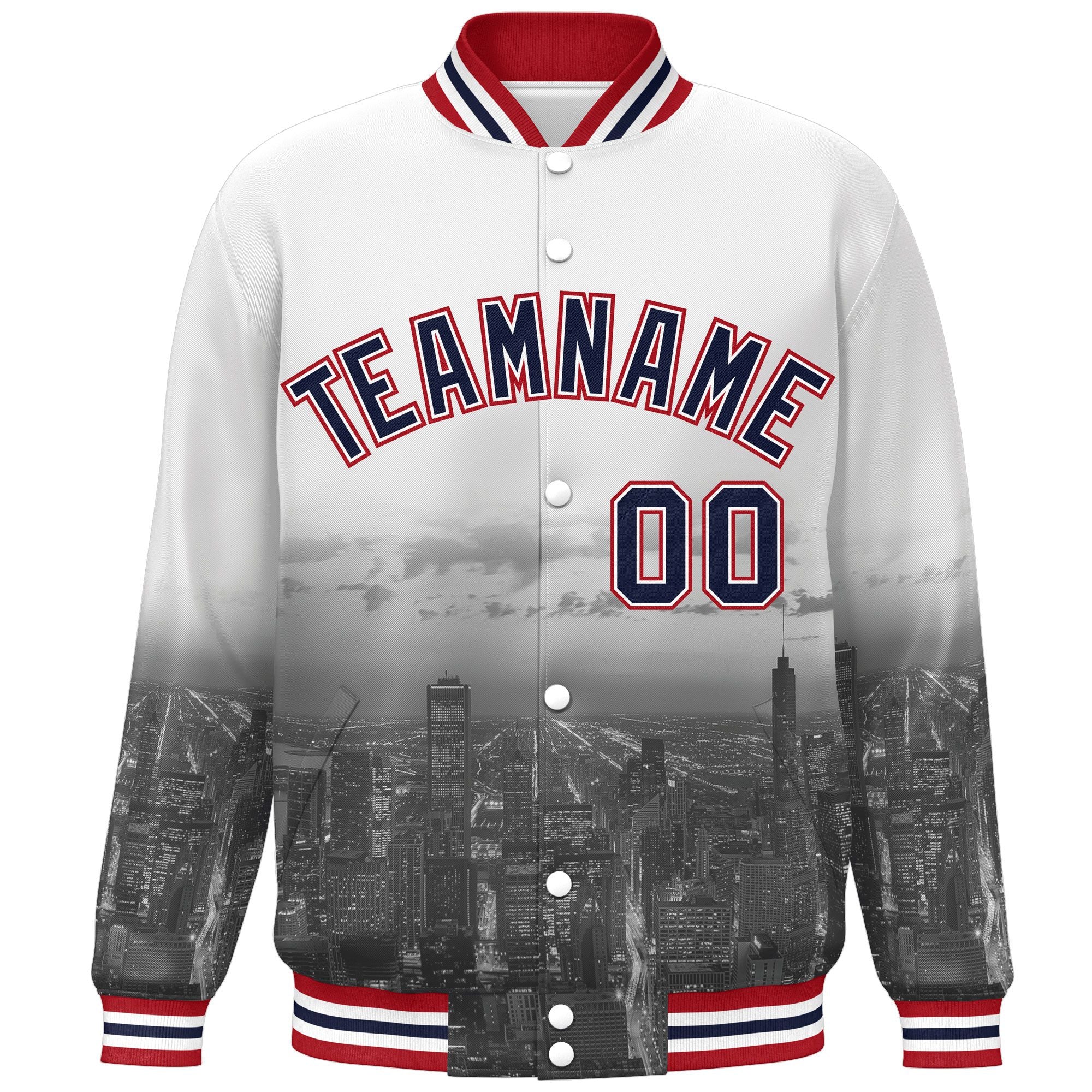 Custom White Navy-Red Chicago City Connect Track Varsity Full-Snap Jacket