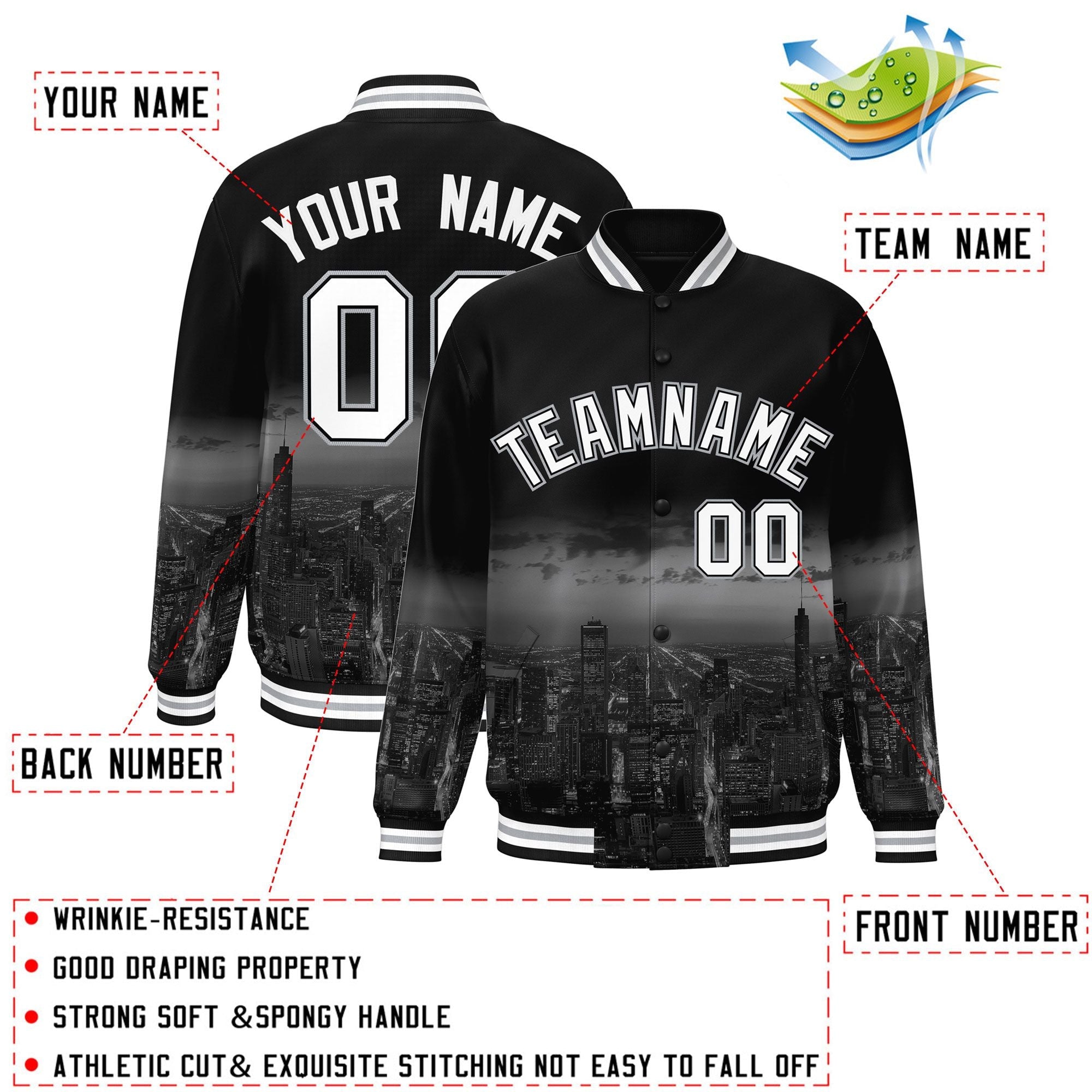 Custom Black White Chicago City Connect Track Varsity Full-Snap Jacket