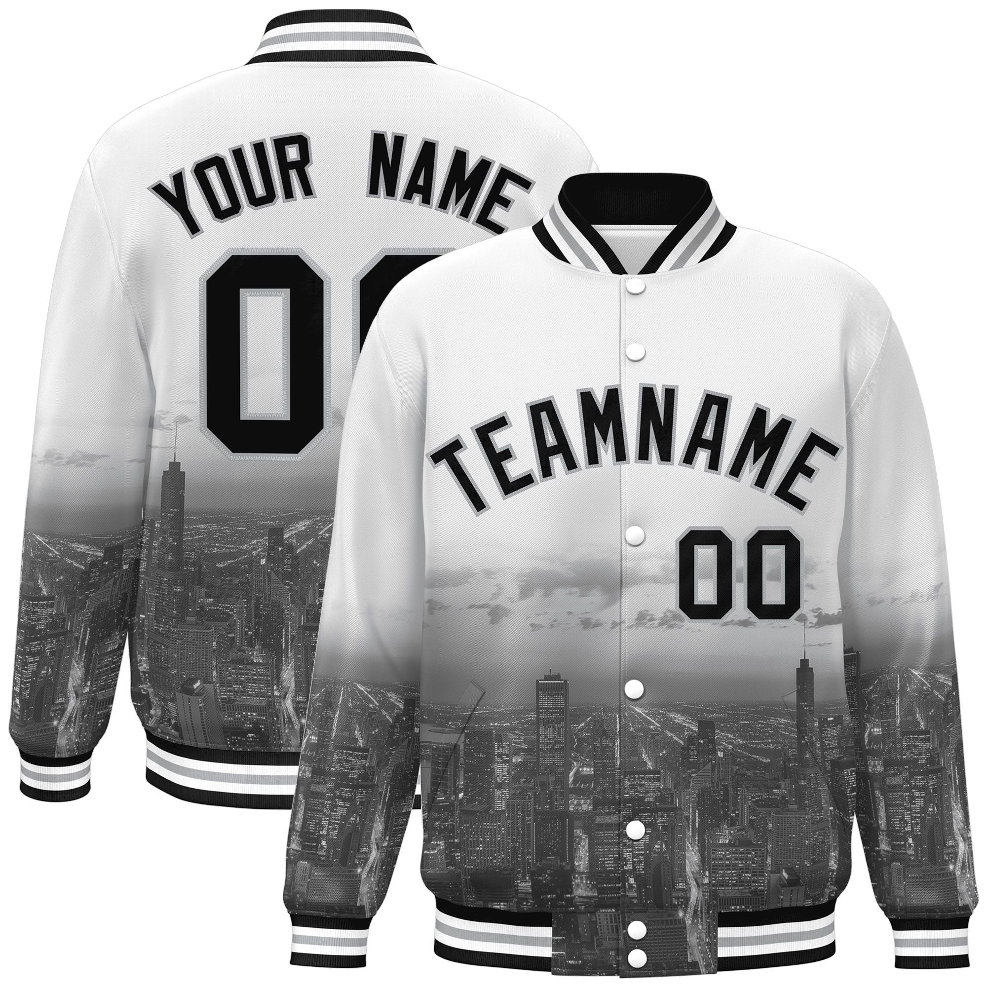 Custom White Black-Gray Chicago City Connect Track Varsity Full-Snap Jacket