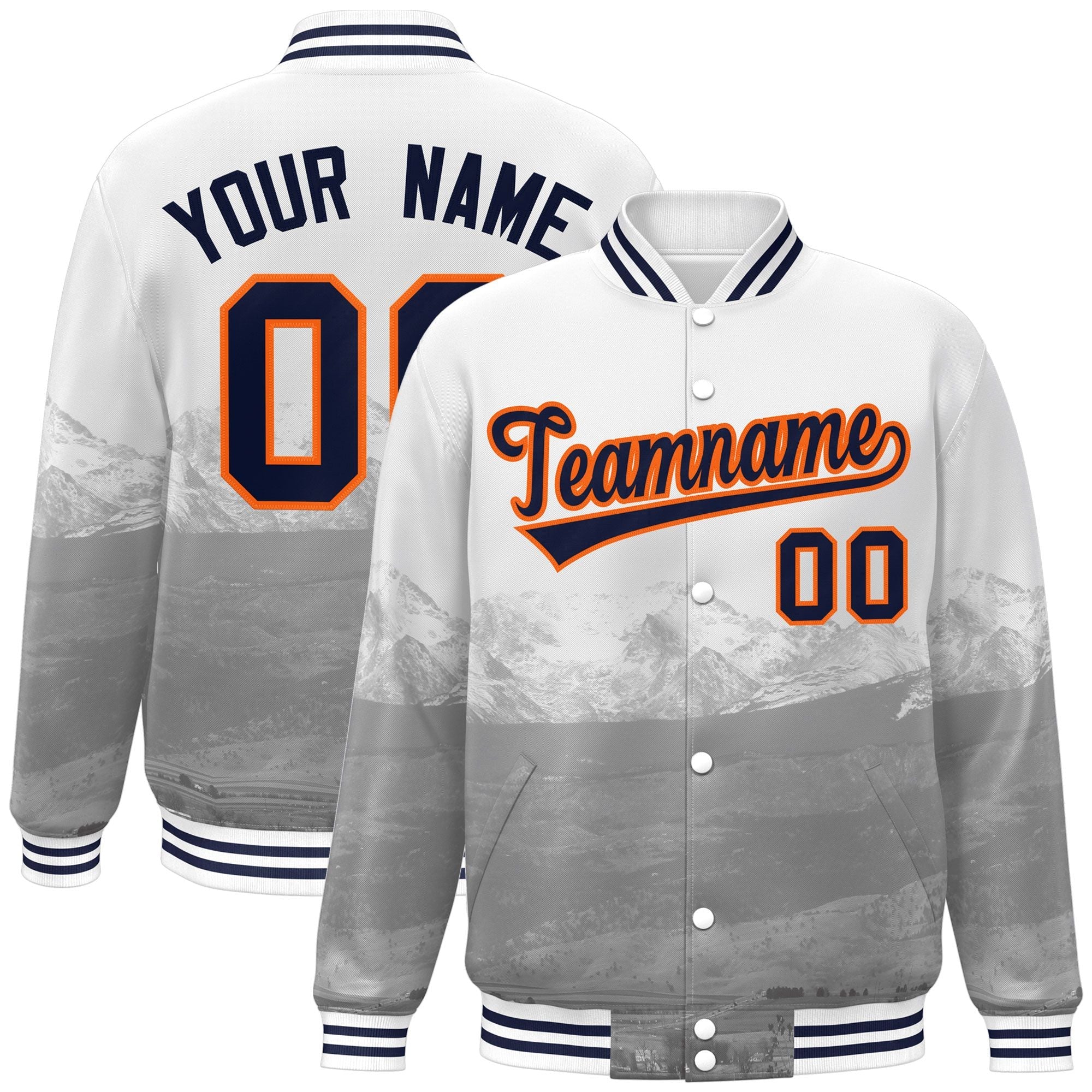 Custom White Navy-Orange Denver City Connect Track Varsity Full-Snap Jacket