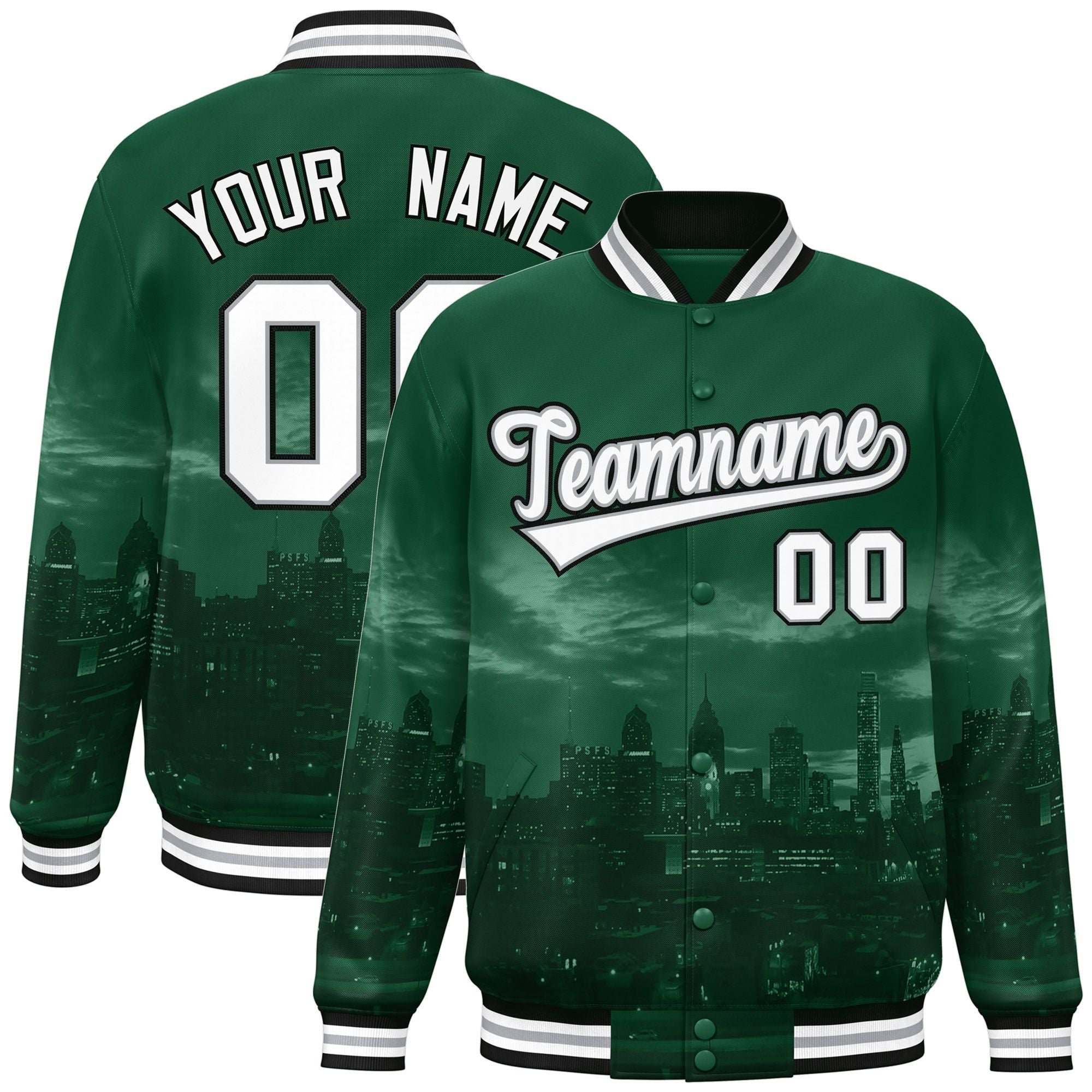 Custom Green White-Black Philadelphia City Connect Track Varsity Full-Snap Jacket