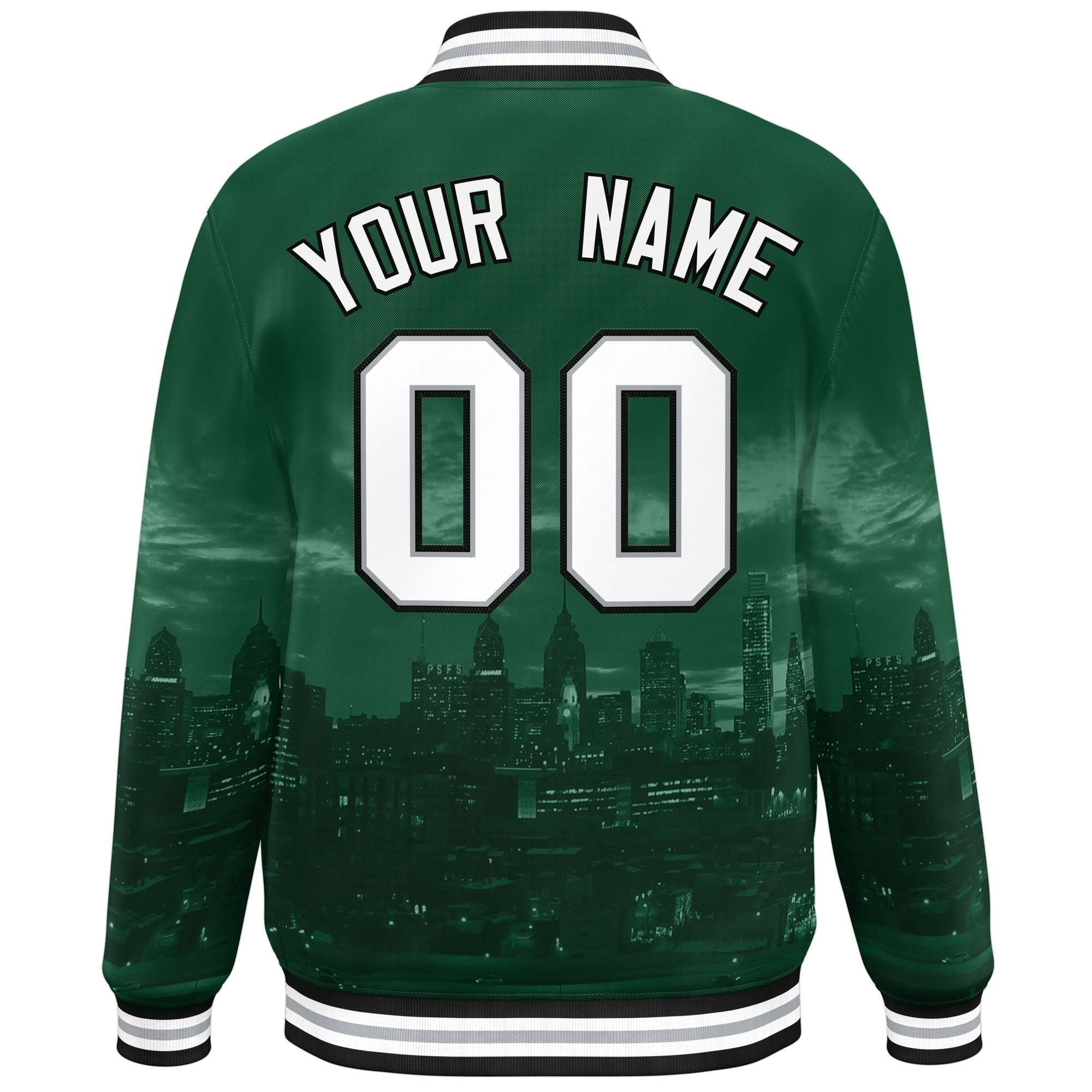 Custom Green White-Black Philadelphia City Connect Track Varsity Full-Snap Jacket