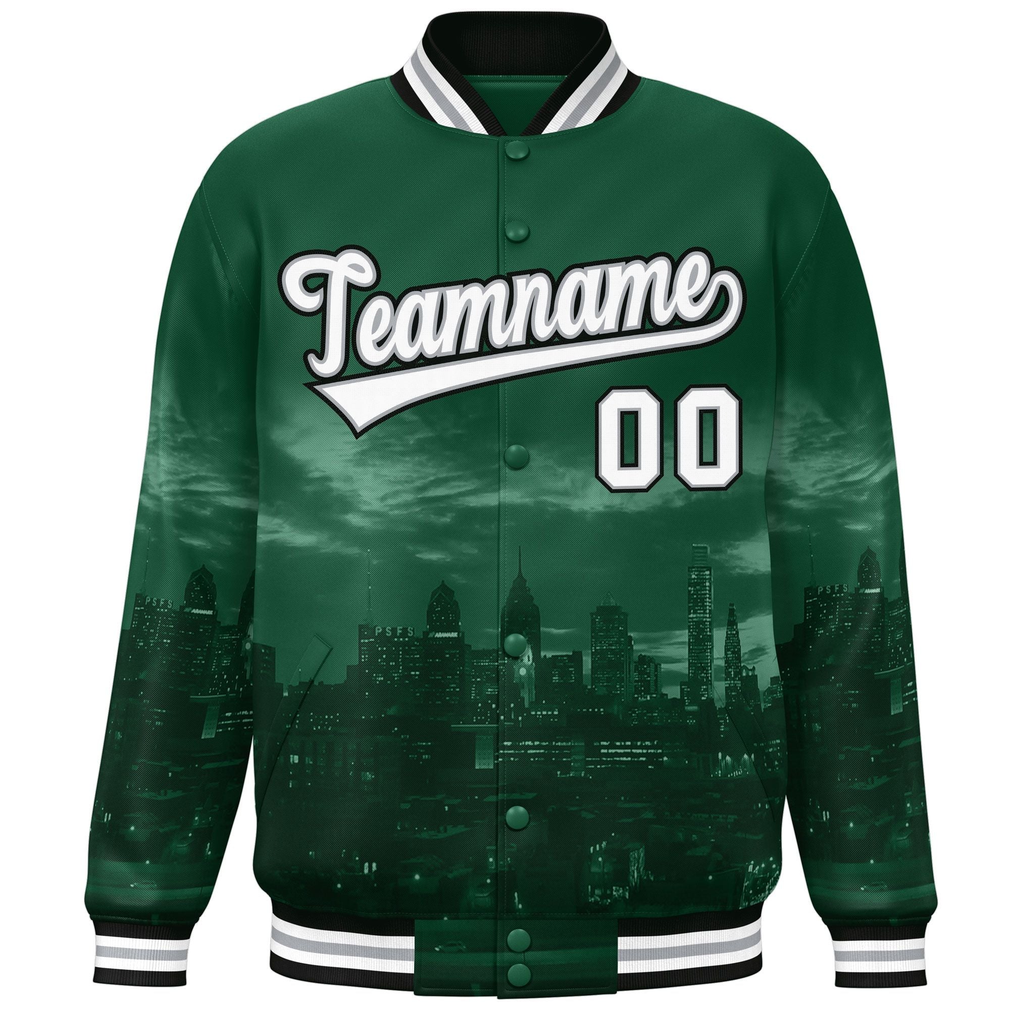 Custom Green White-Black Philadelphia City Connect Track Varsity Full-Snap Jacket