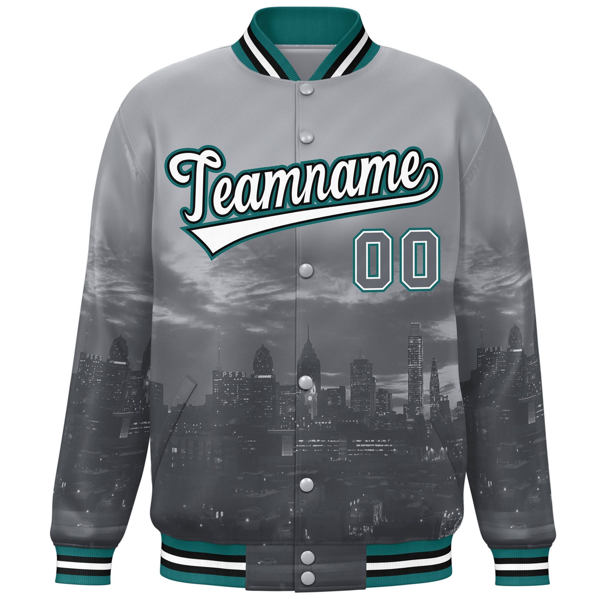 Custom Gray White-Aqua Philadelphia City Connect Track Varsity Full-Snap Jacket