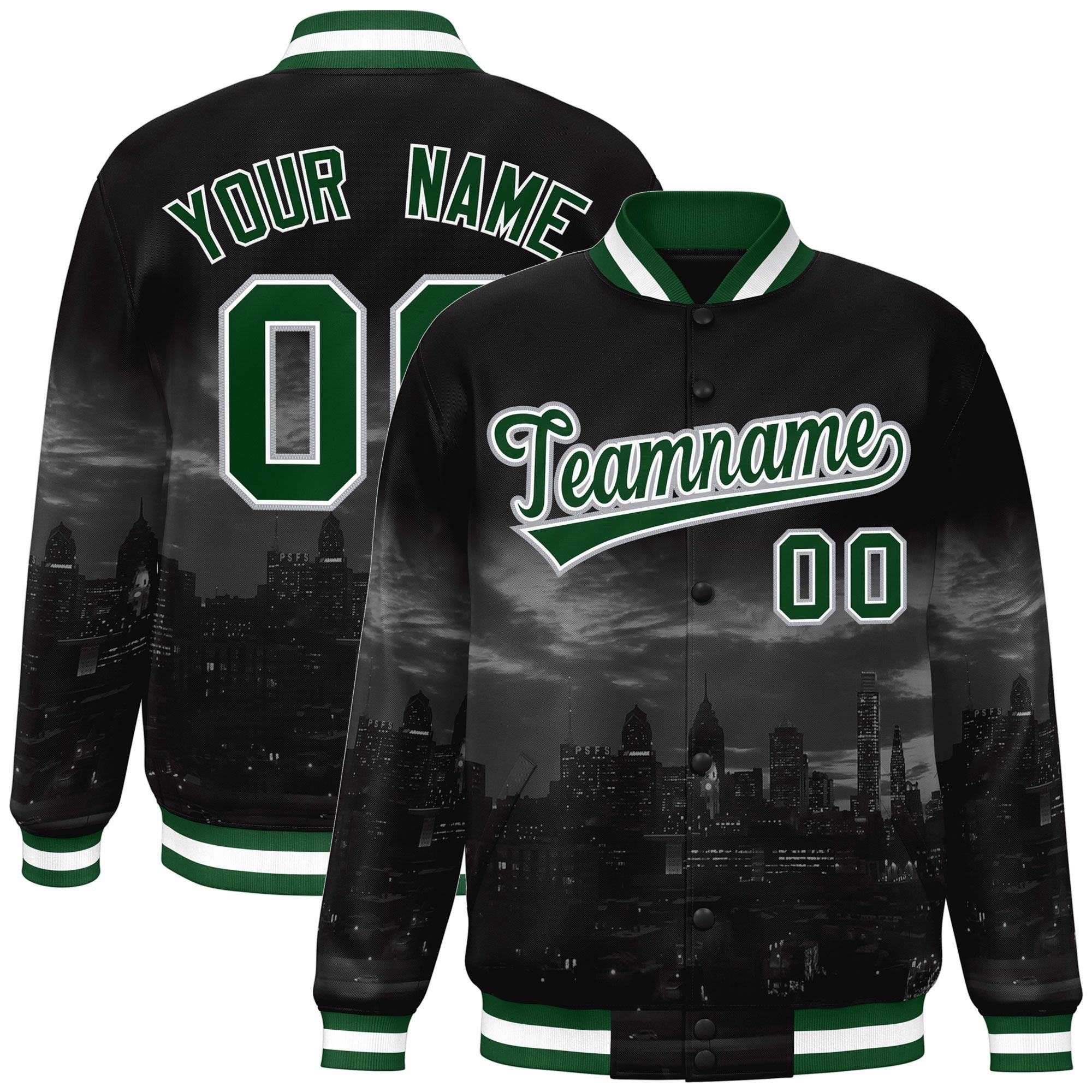 Custom Black Green-White Philadelphia City Connect Track Varsity Full-Snap Jacket