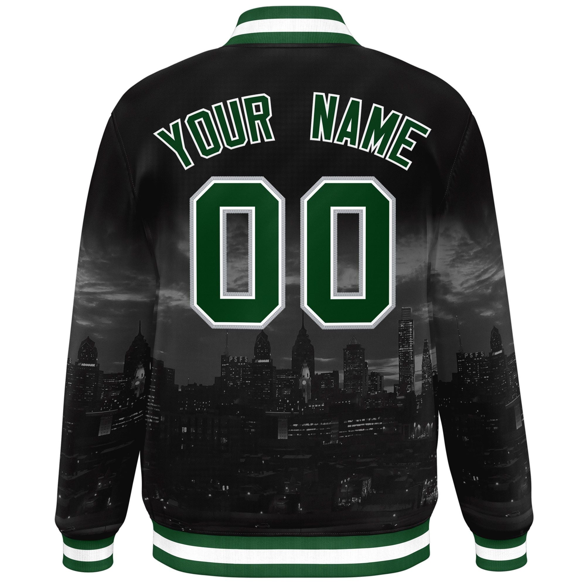 Custom Black Green-White Philadelphia City Connect Track Varsity Full-Snap Jacket