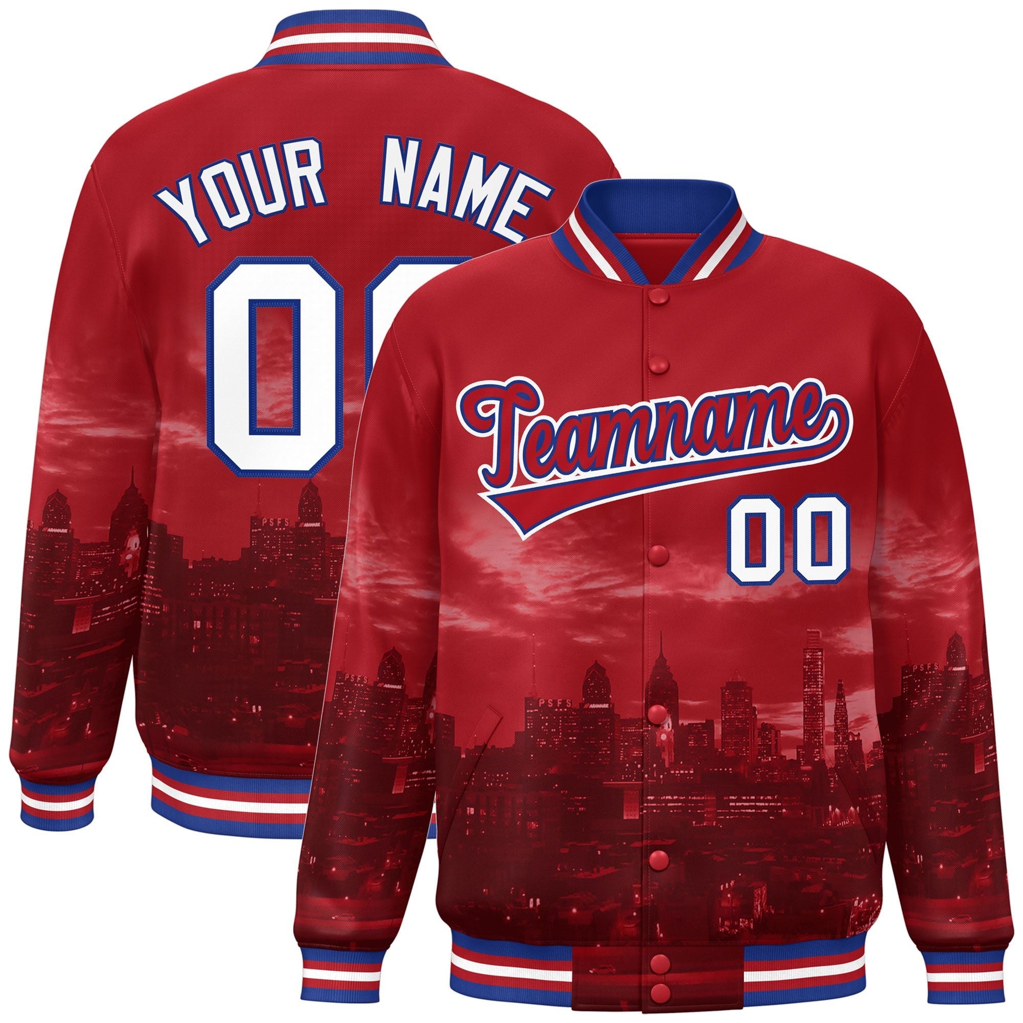 Custom Red Royal-White Philadelphia City Connect Track Varsity Full-Snap Jacket