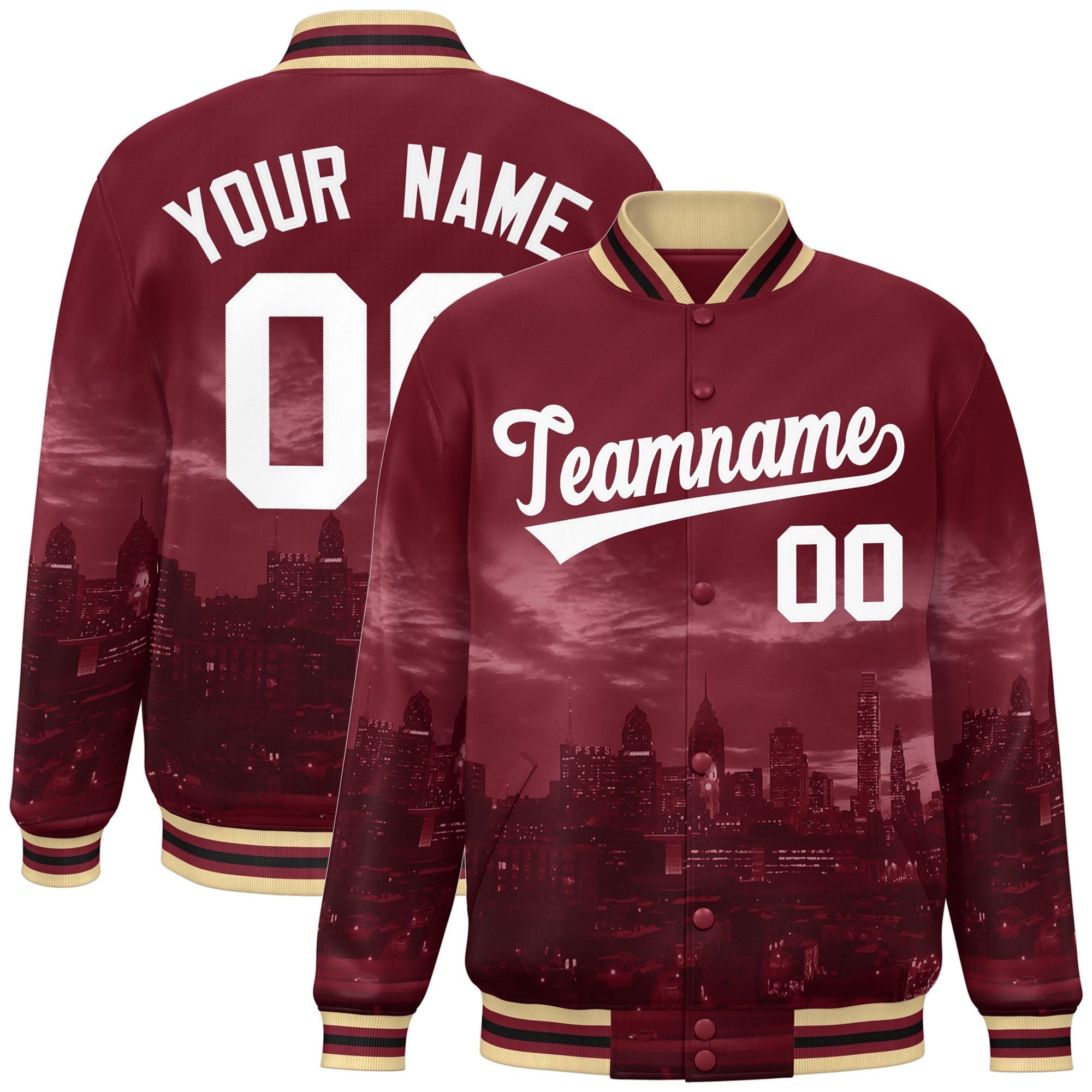 Custom Crimson White Philadelphia City Connect Track Varsity Full-Snap Jacket