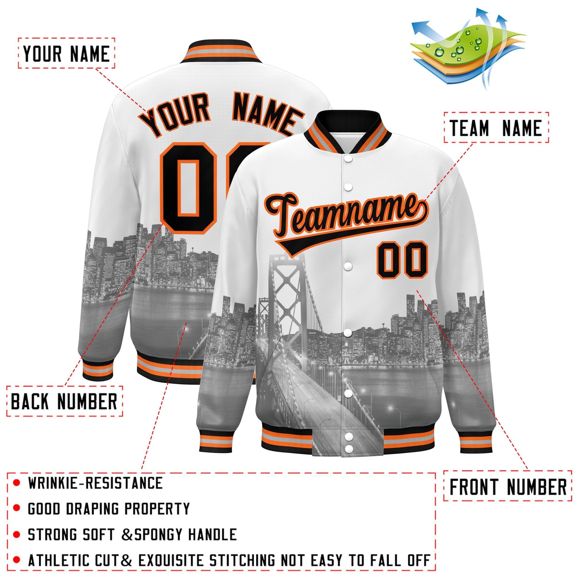 Custom White Black-Orange San Francisco City Connect Track Varsity Full-Snap Jacket