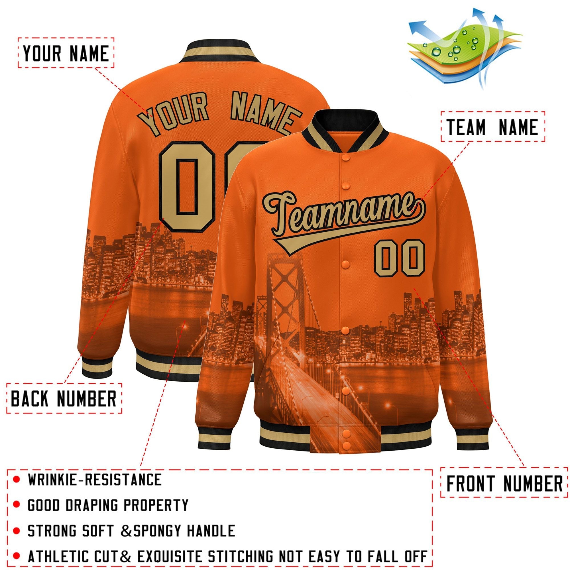 Custom Orange Old Gold-Black San Francisco City Connect Track Varsity Full-Snap Jacket