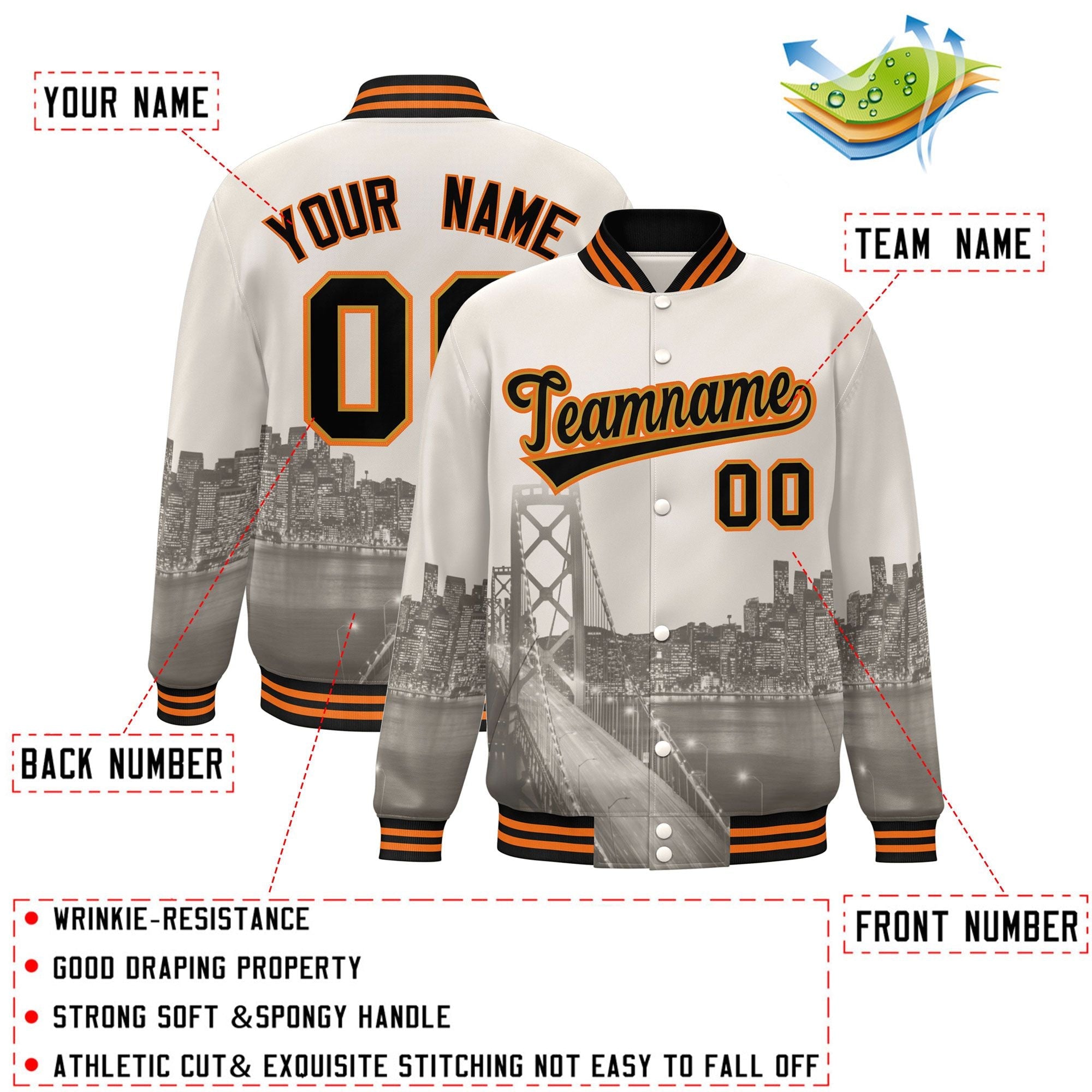 Custom Cream Black-Old Gold San Francisco City Connect Track Varsity Full-Snap Jacket