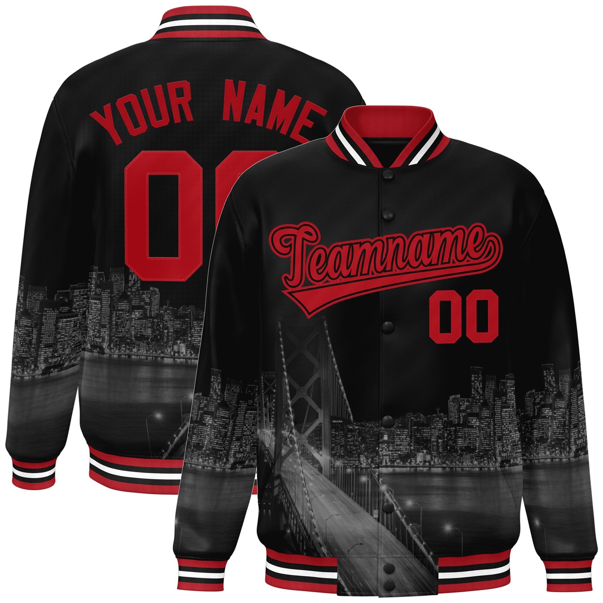 Custom Black Red San Francisco City Connect Track Varsity Full-Snap Jacket