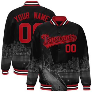 Custom Black Red San Francisco City Connect Track Varsity Full-Snap Jacket