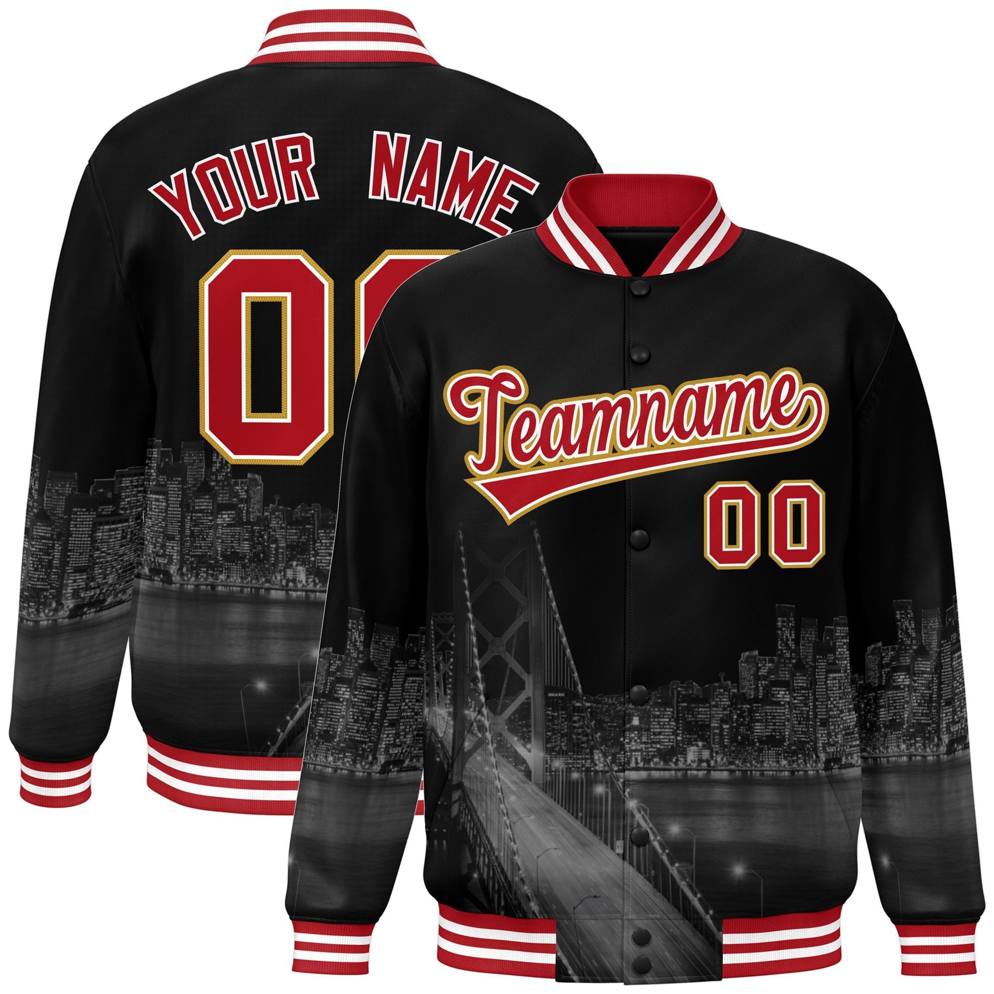 Custom Black Red-White San Francisco City Connect Track Varsity Full-Snap Jacket