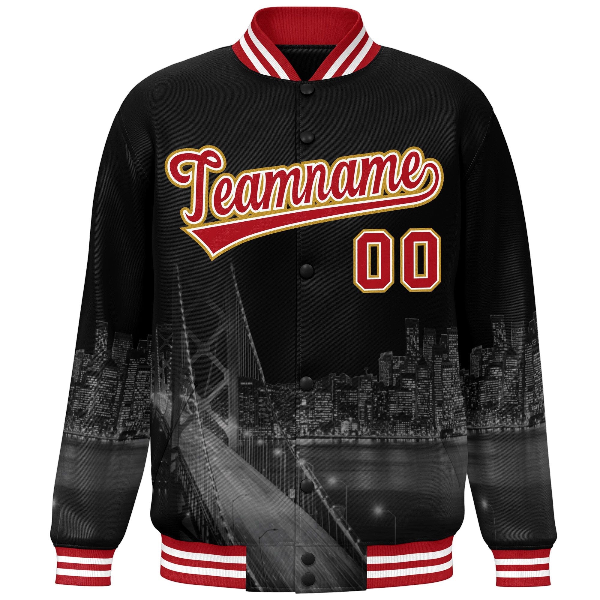 Custom Black Red-White San Francisco City Connect Track Varsity Full-Snap Jacket