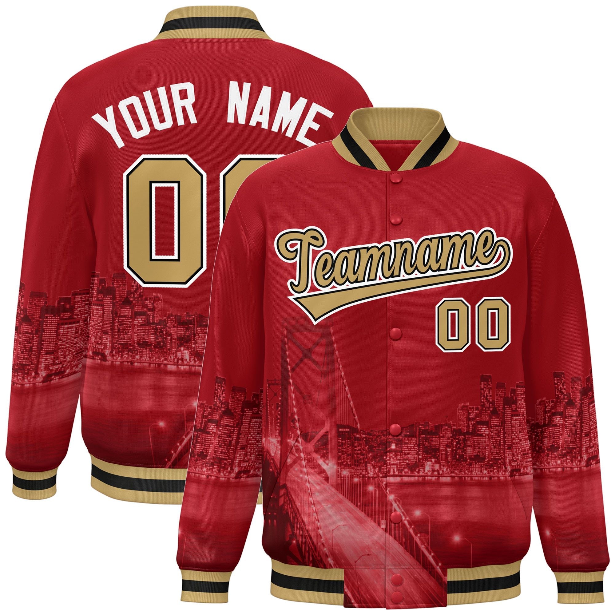 Custom Red Old Gold-White San Francisco City Connect Track Varsity Full-Snap Jacket